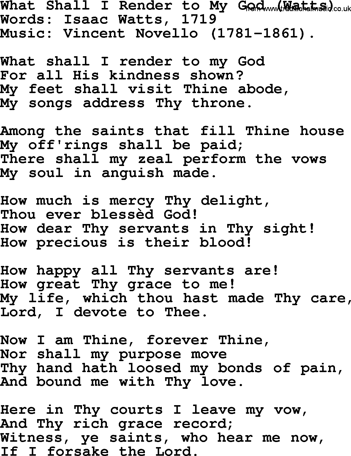 Isaac Watts Christian hymn: What Shall I Render to My God (Watts)- lyricss