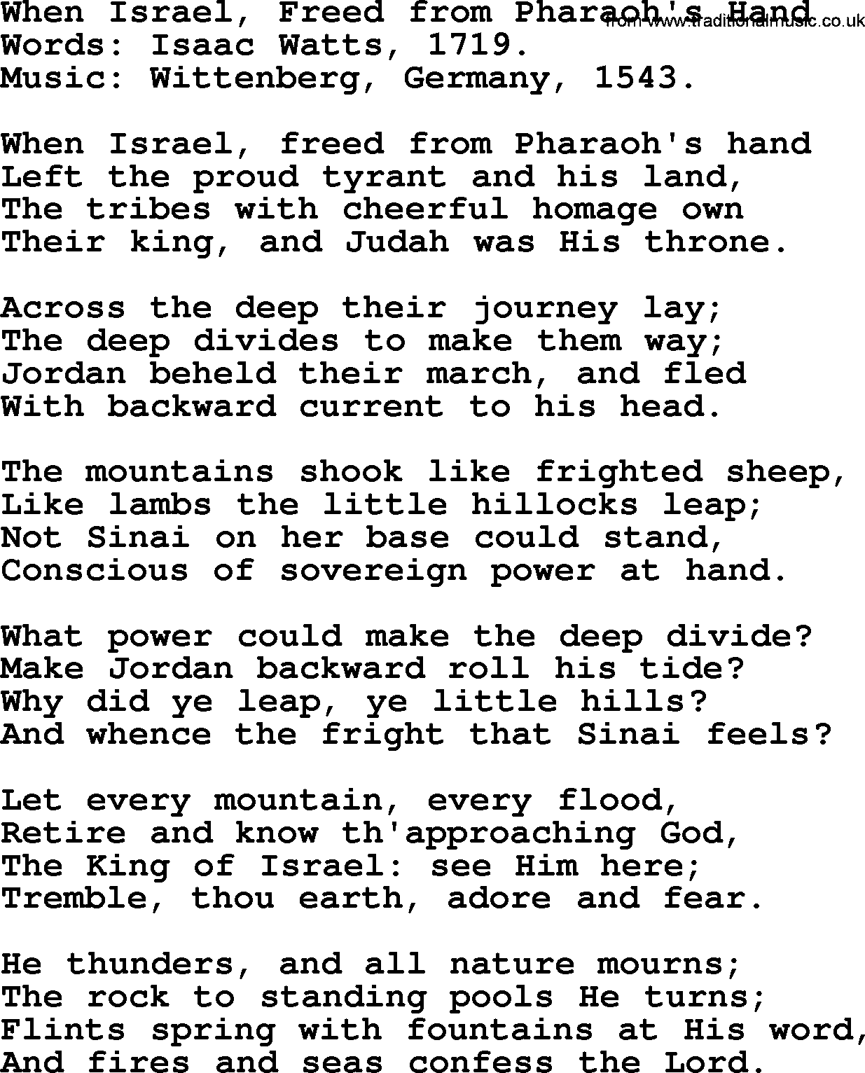 Isaac Watts Christian hymn: When Israel, Freed from Pharaoh's Hand- lyricss