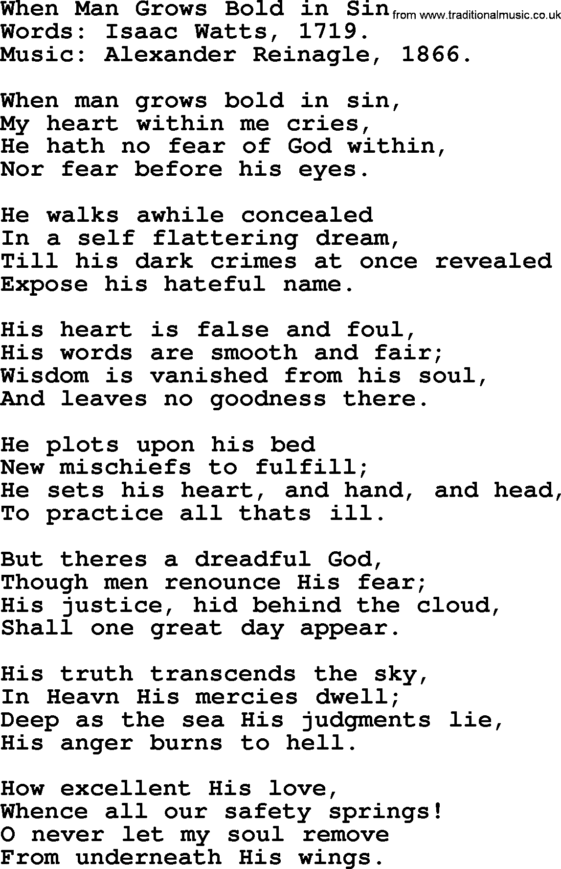 Isaac Watts Christian hymn: When Man Grows Bold in Sin- lyricss