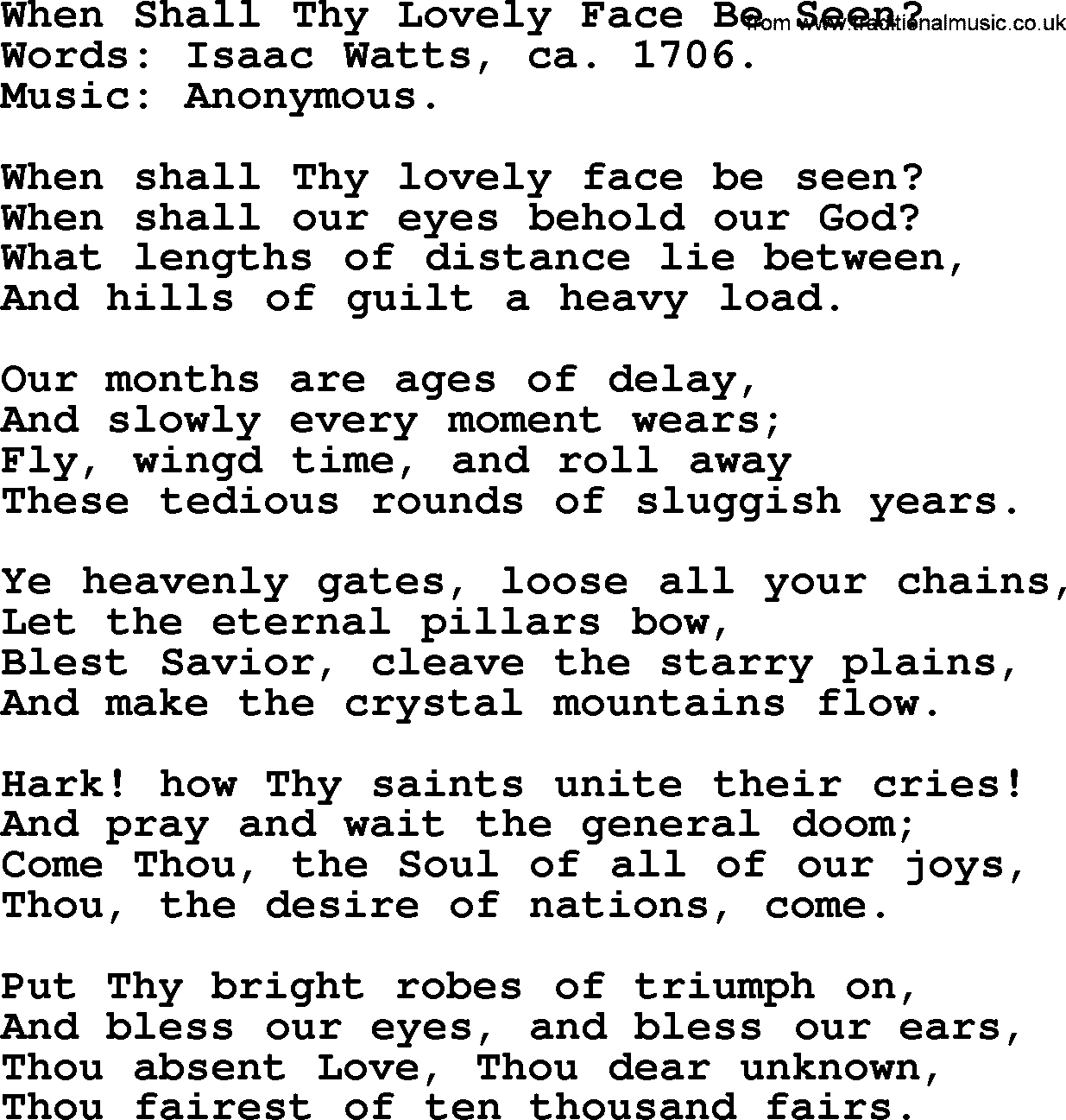 Isaac Watts Christian hymn: When Shall Thy Lovely Face Be Seen_- lyricss