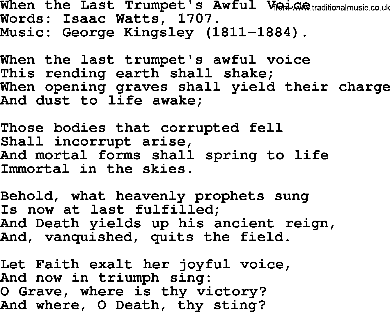 Isaac Watts Christian hymn: When the Last Trumpet's Awful Voice- lyricss