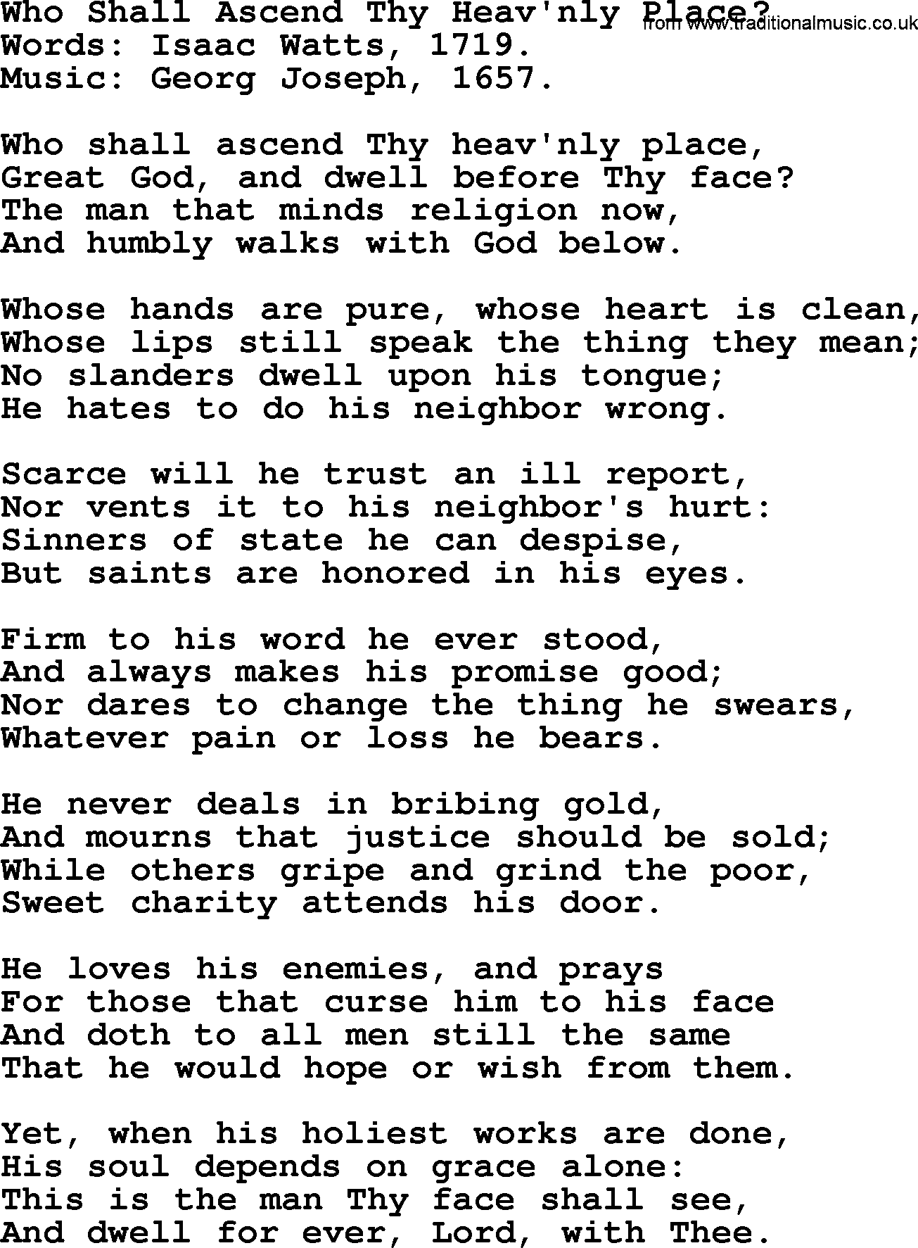 Isaac Watts Christian hymn: Who Shall Ascend Thy Heav'nly Place_- lyricss