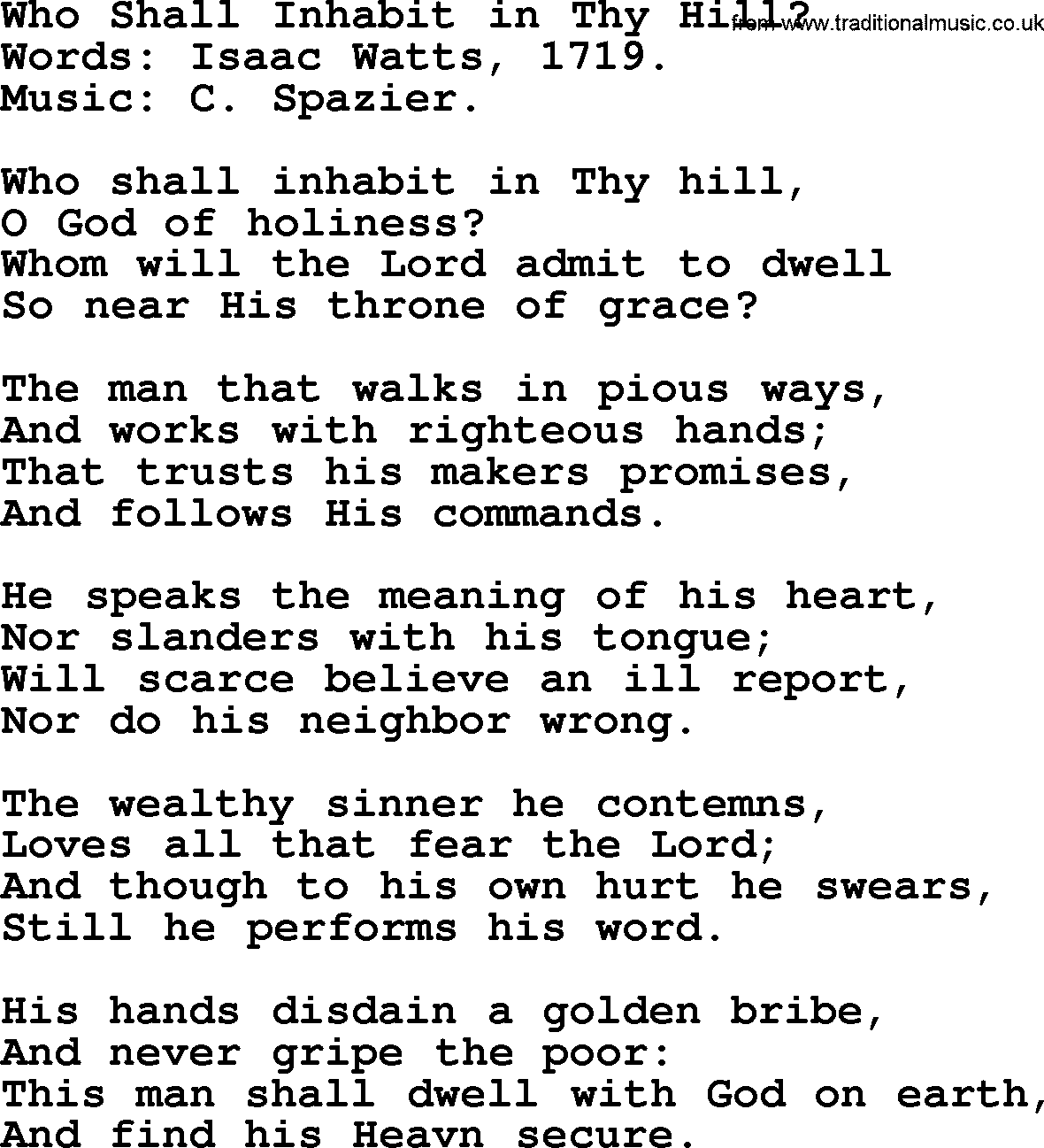 Isaac Watts Christian hymn: Who Shall Inhabit in Thy Hill_- lyricss