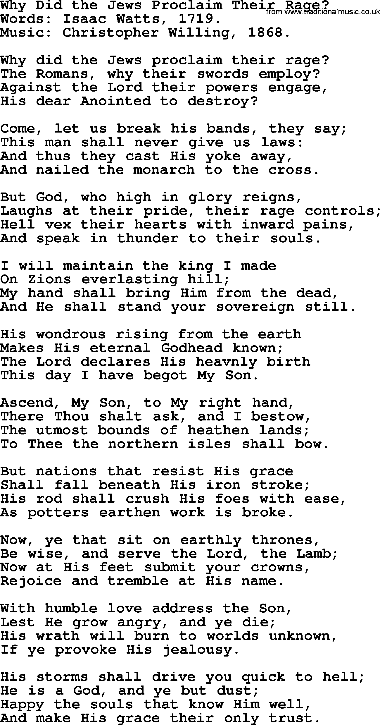 Isaac Watts Christian hymn: Why Did the Jews Proclaim Their Rage_- lyricss