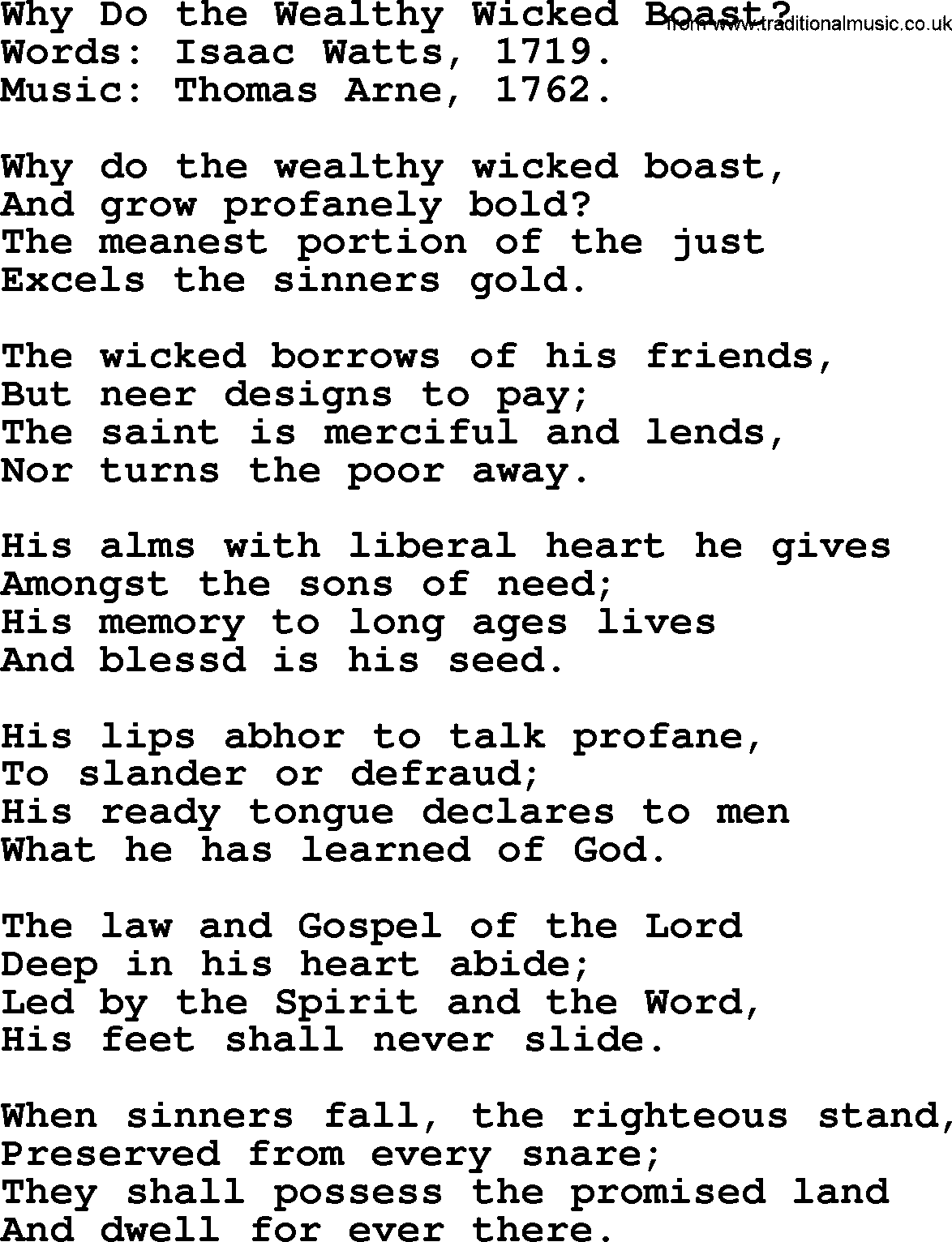 Isaac Watts Christian hymn: Why Do the Wealthy Wicked Boast_- lyricss