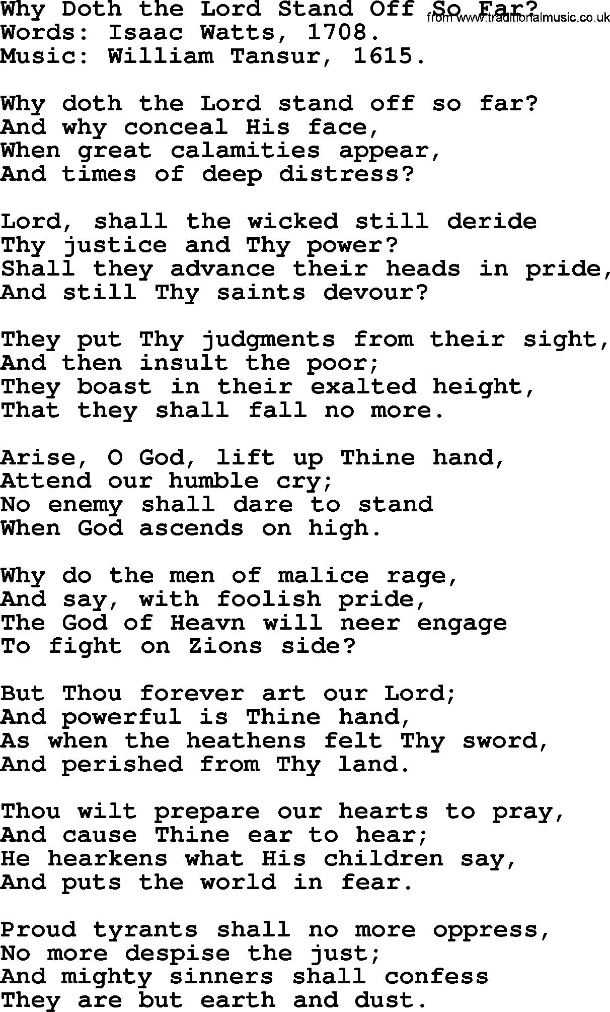 Isaac Watts Christian hymn: Why Doth the Lord Stand Off So Far_- lyricss