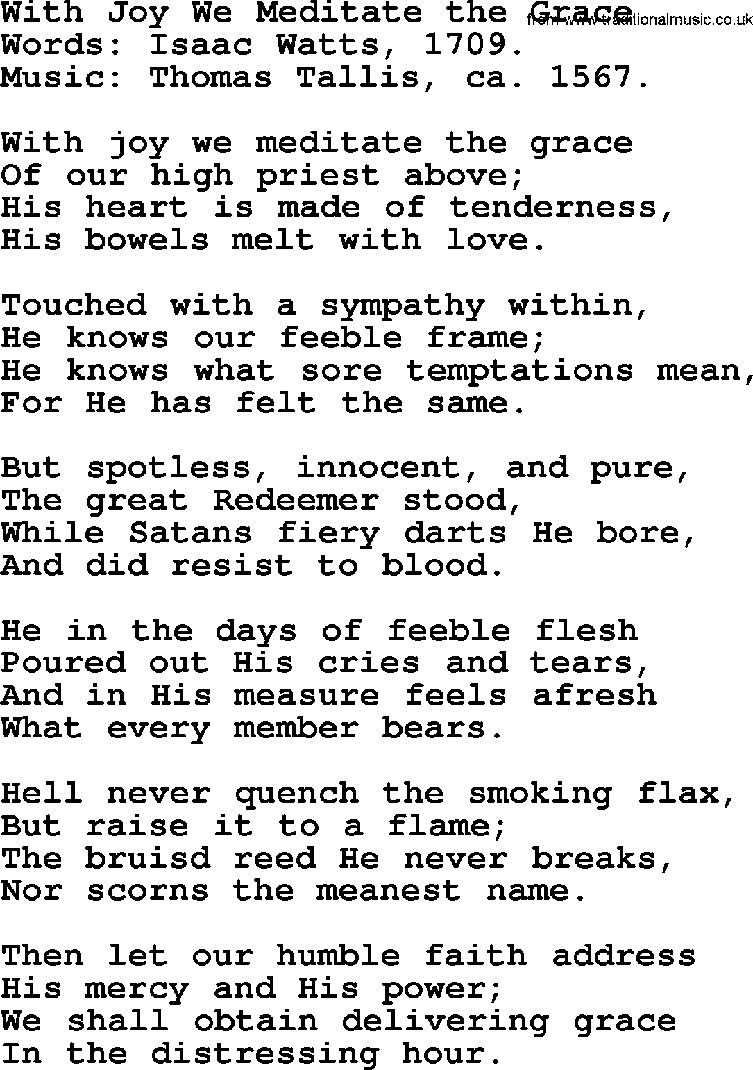 Isaac Watts Christian hymn: With Joy We Meditate the Grace- lyricss