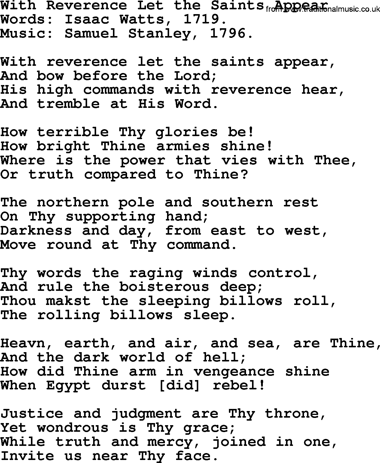 Isaac Watts Christian hymn: With Reverence Let the Saints Appear- lyricss