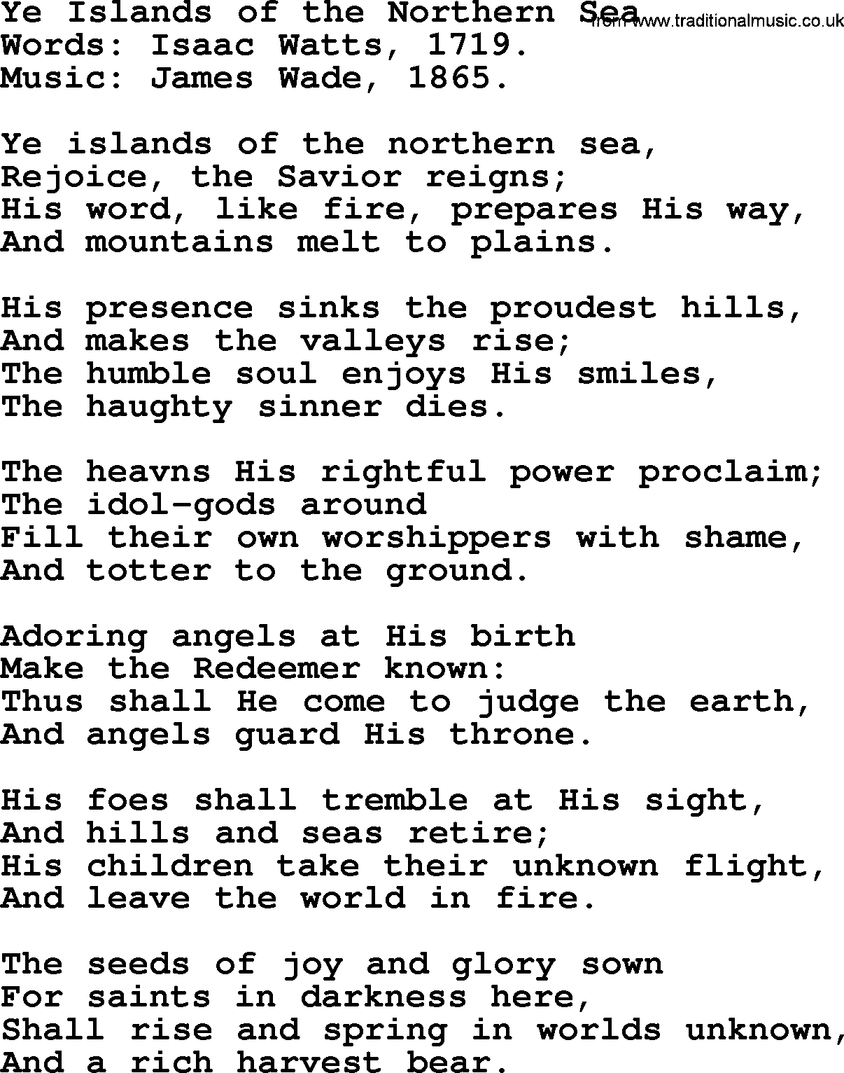 Isaac Watts Christian hymn: Ye Islands of the Northern Sea- lyricss