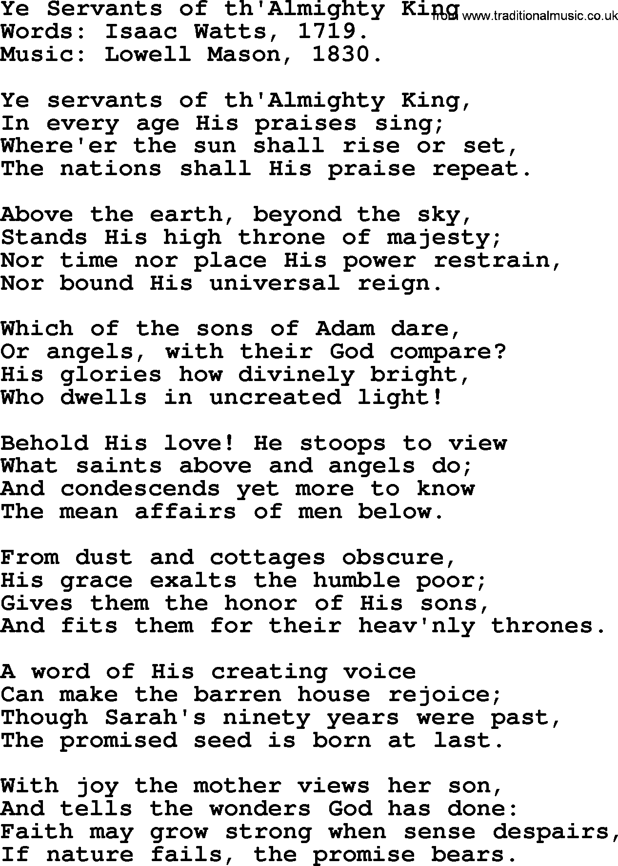 Isaac Watts Christian hymn: Ye Servants of th'Almighty King- lyricss