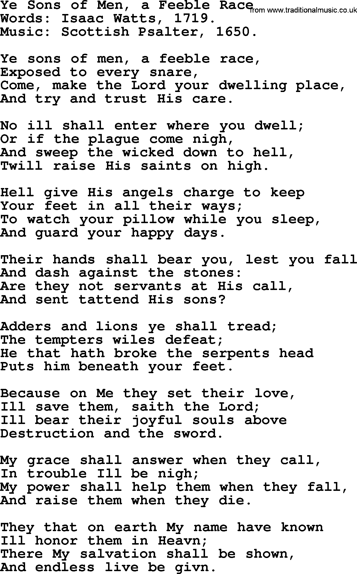 Isaac Watts Christian hymn: Ye Sons of Men, a Feeble Race- lyricss