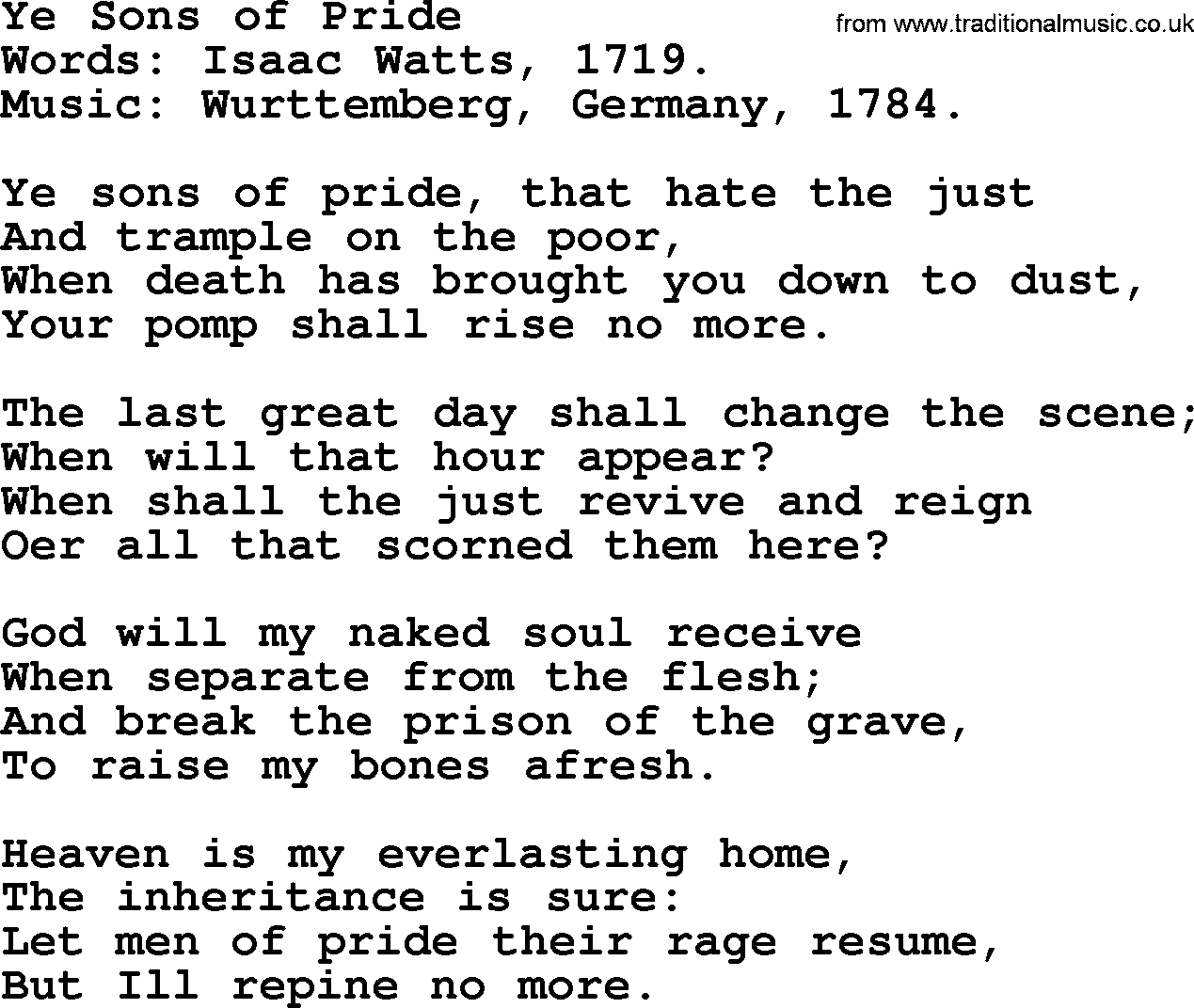 Isaac Watts Christian hymn: Ye Sons of Pride- lyricss