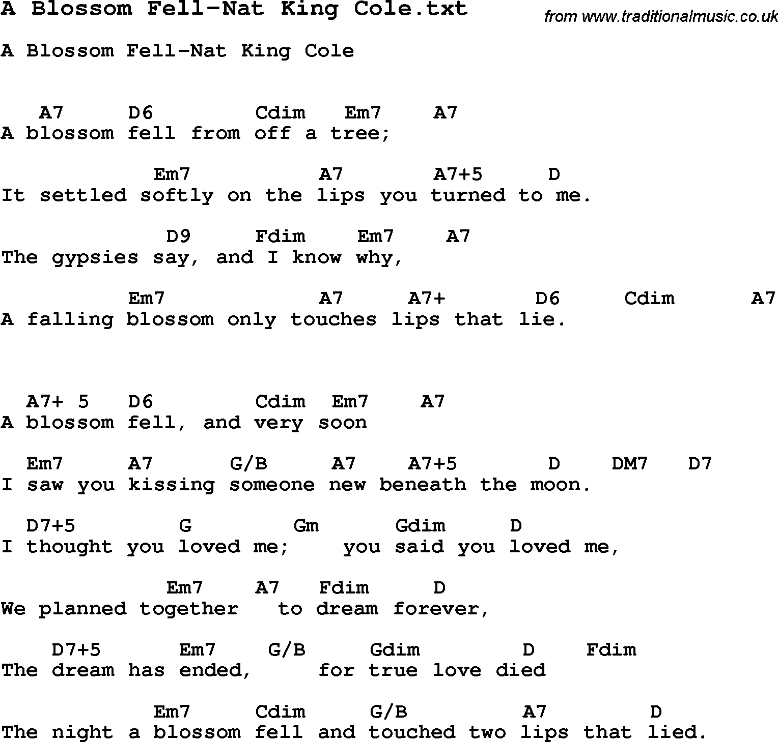 Jazz Song - - A Blossom Fell-Nat King Cole with Chords, Tabs and Lyrics from top bands and artists