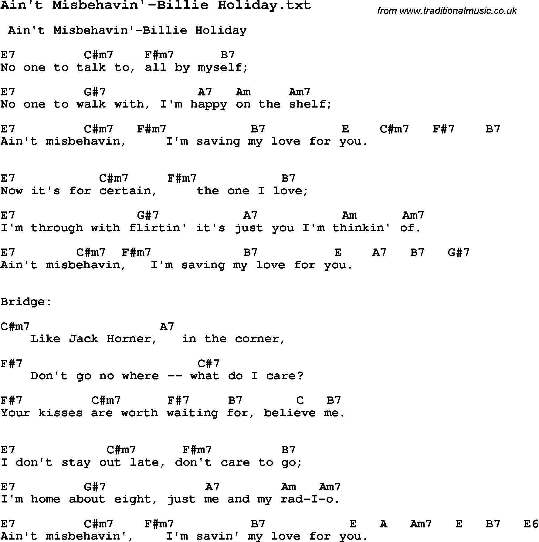 Jazz Song from top bands and vocal artists with chords, tabs and lyrics - Ain't Misbehavin'-Billie Holiday