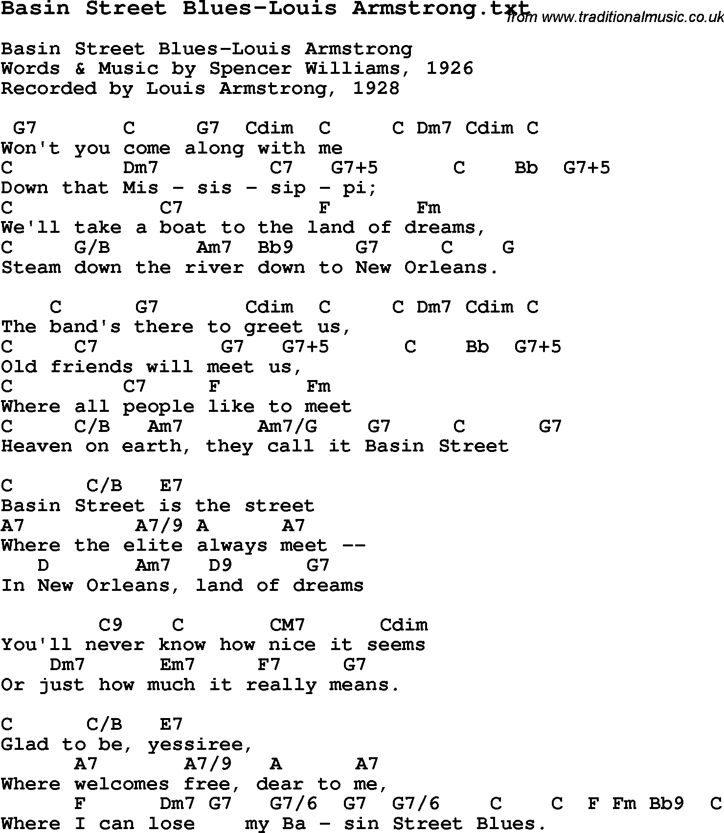 Jazz Song - Basin Street Blues-Louis Armstrong with Chords, Tabs and Lyrics from top bands and ...