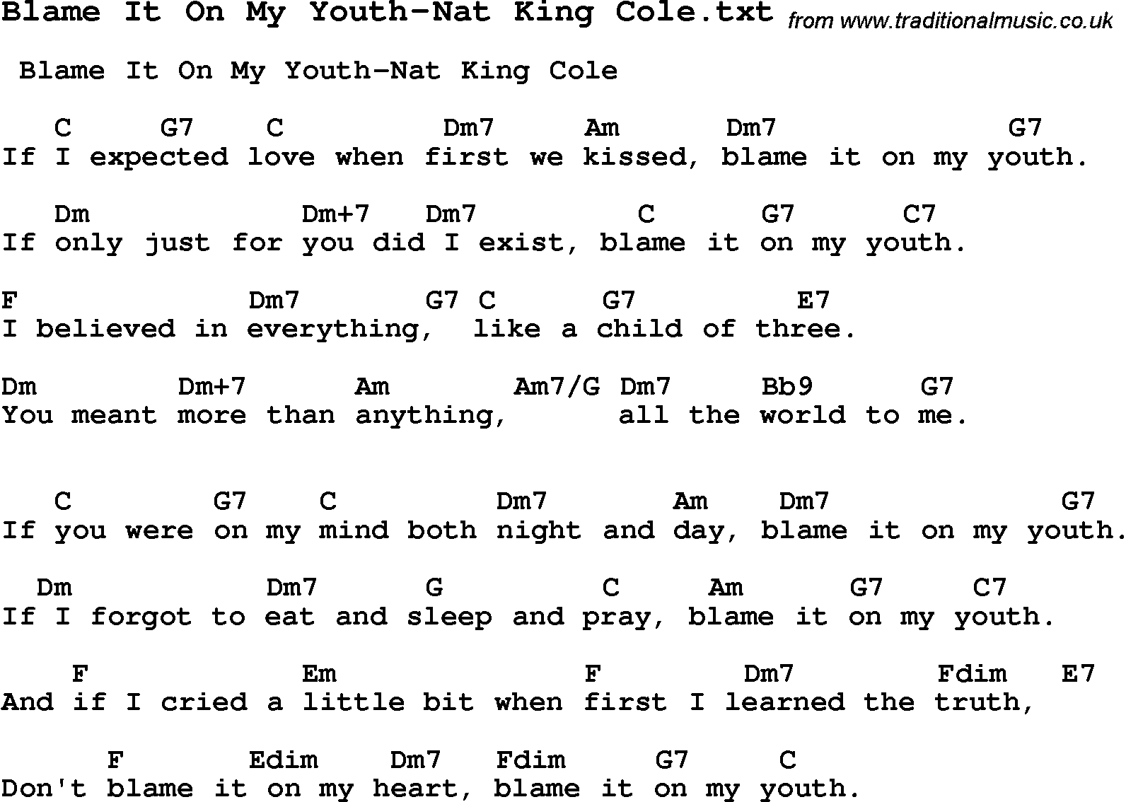 Jazz Song from top bands and vocal artists with chords, tabs and lyrics - Blame It On My Youth-Nat King Cole