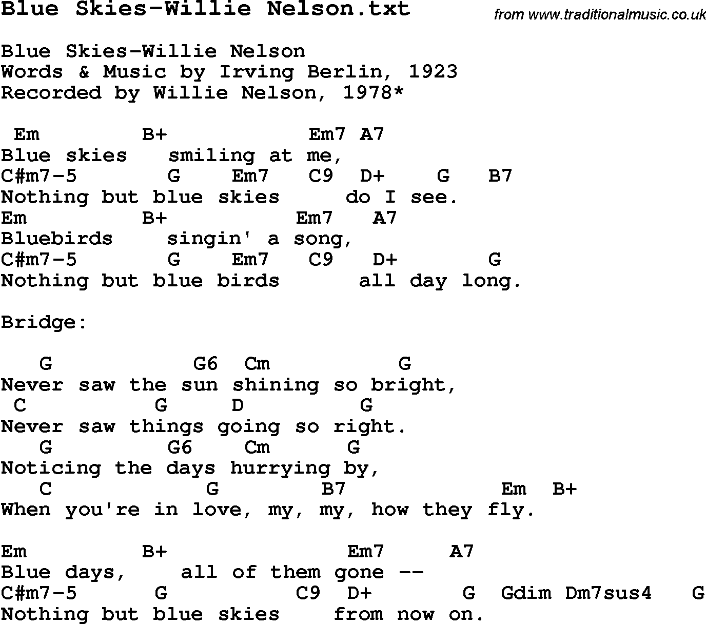 Jazz Song from top bands and vocal artists with chords, tabs and lyrics - Blue Skies-Willie Nelson