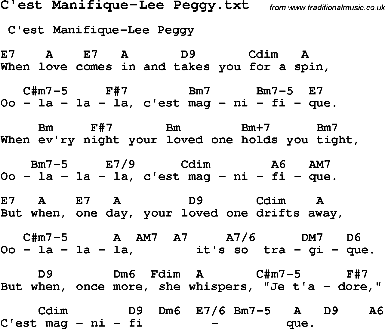 Jazz Song from top bands and vocal artists with chords, tabs and lyrics - C'est Manifique-Lee Peggy