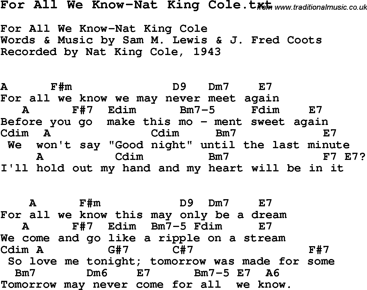 Jazz Song from top bands and vocal artists with chords, tabs and lyrics - For All We Know-Nat King Cole