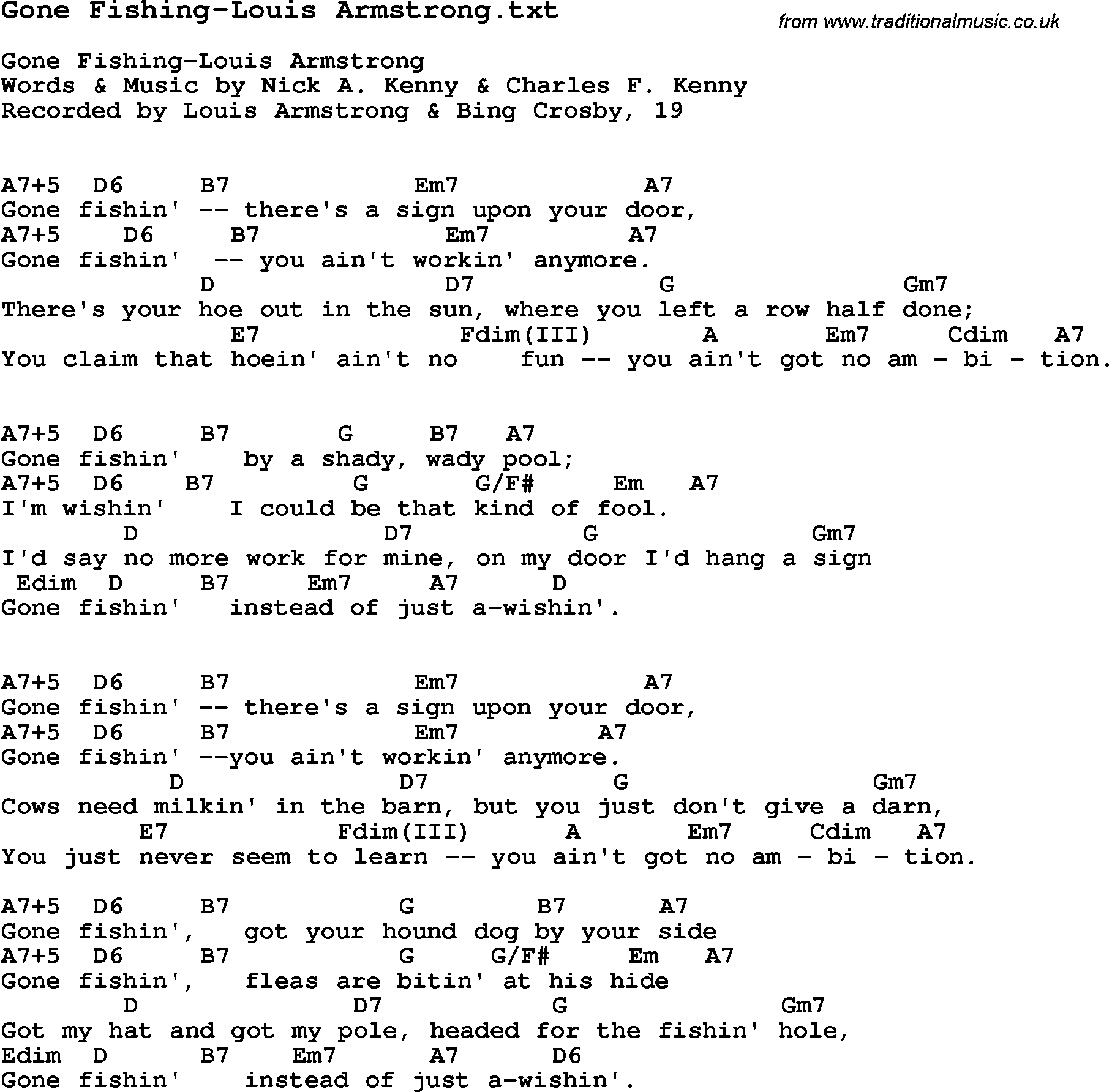 Jazz Song - Gone Fishing-Louis Armstrong with Chords, Tabs and Lyrics from top bands and artists