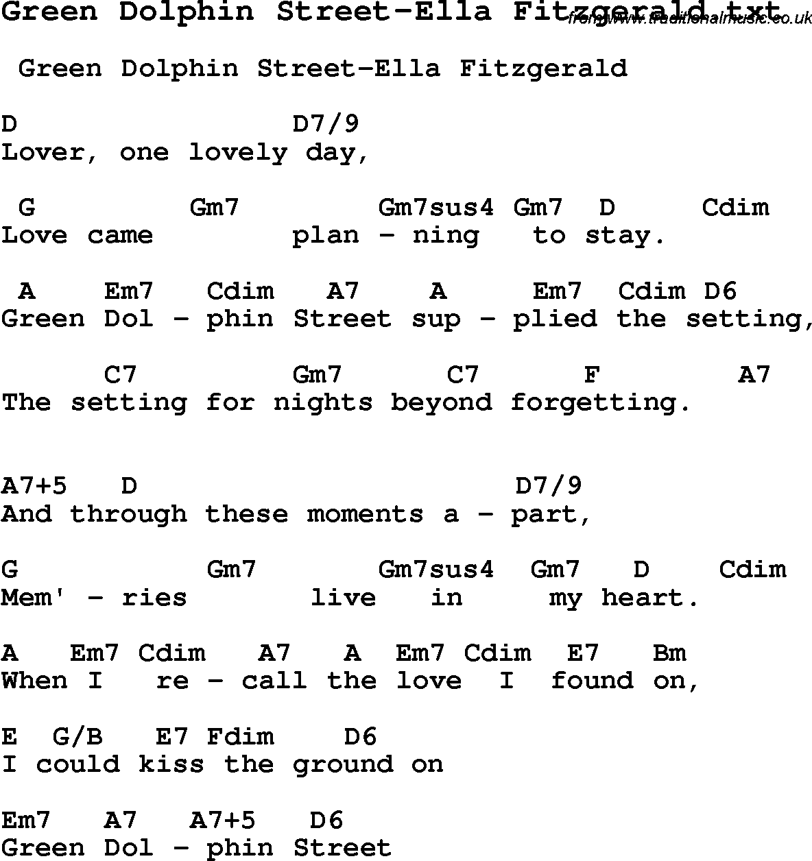 Jazz Song from top bands and vocal artists with chords, tabs and lyrics - Green Dolphin Street-Ella Fitzgerald