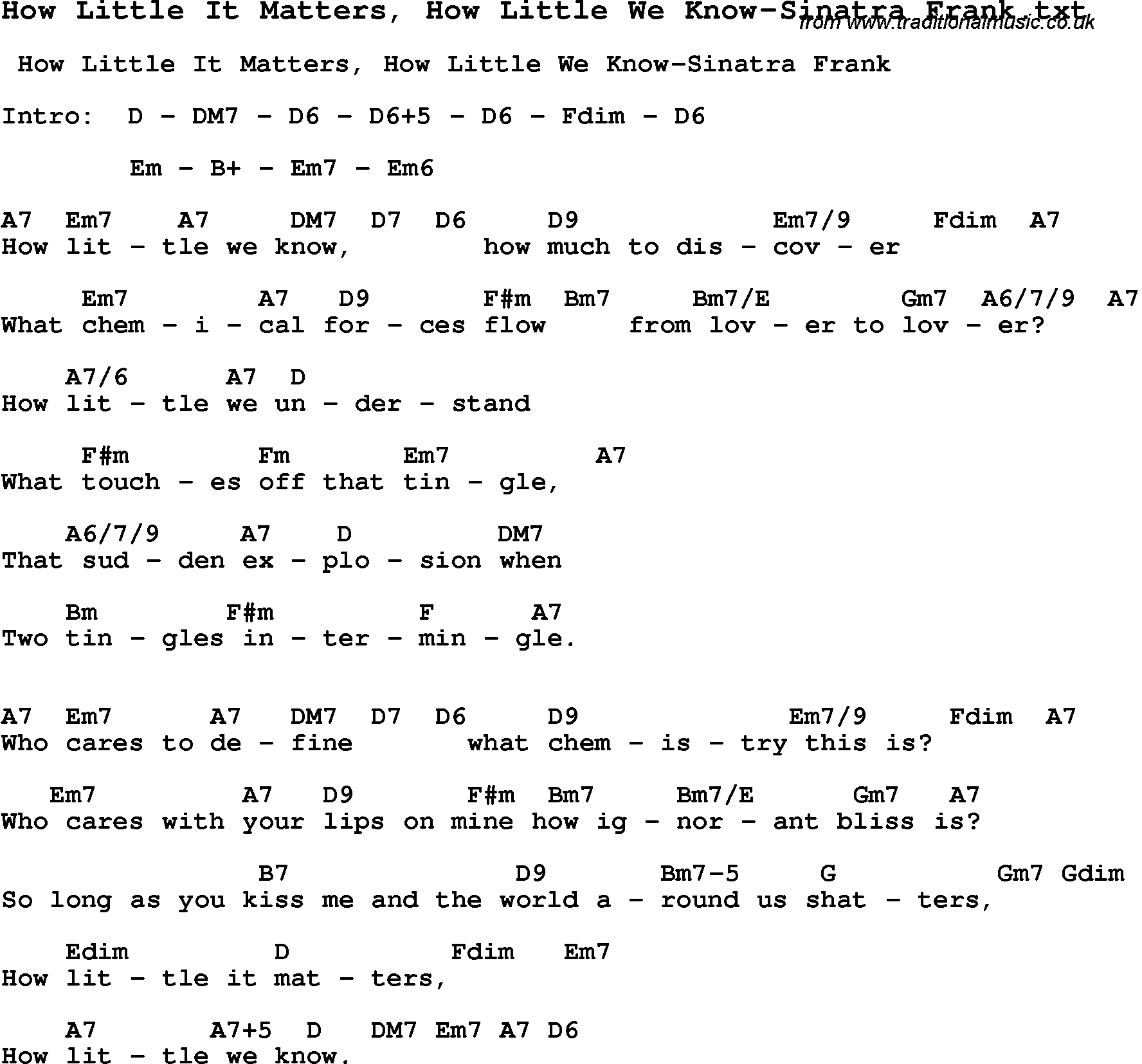 Jazz Song from top bands and vocal artists with chords, tabs and lyrics - How Little It Matters, How Little We Know-Sinatra Frank