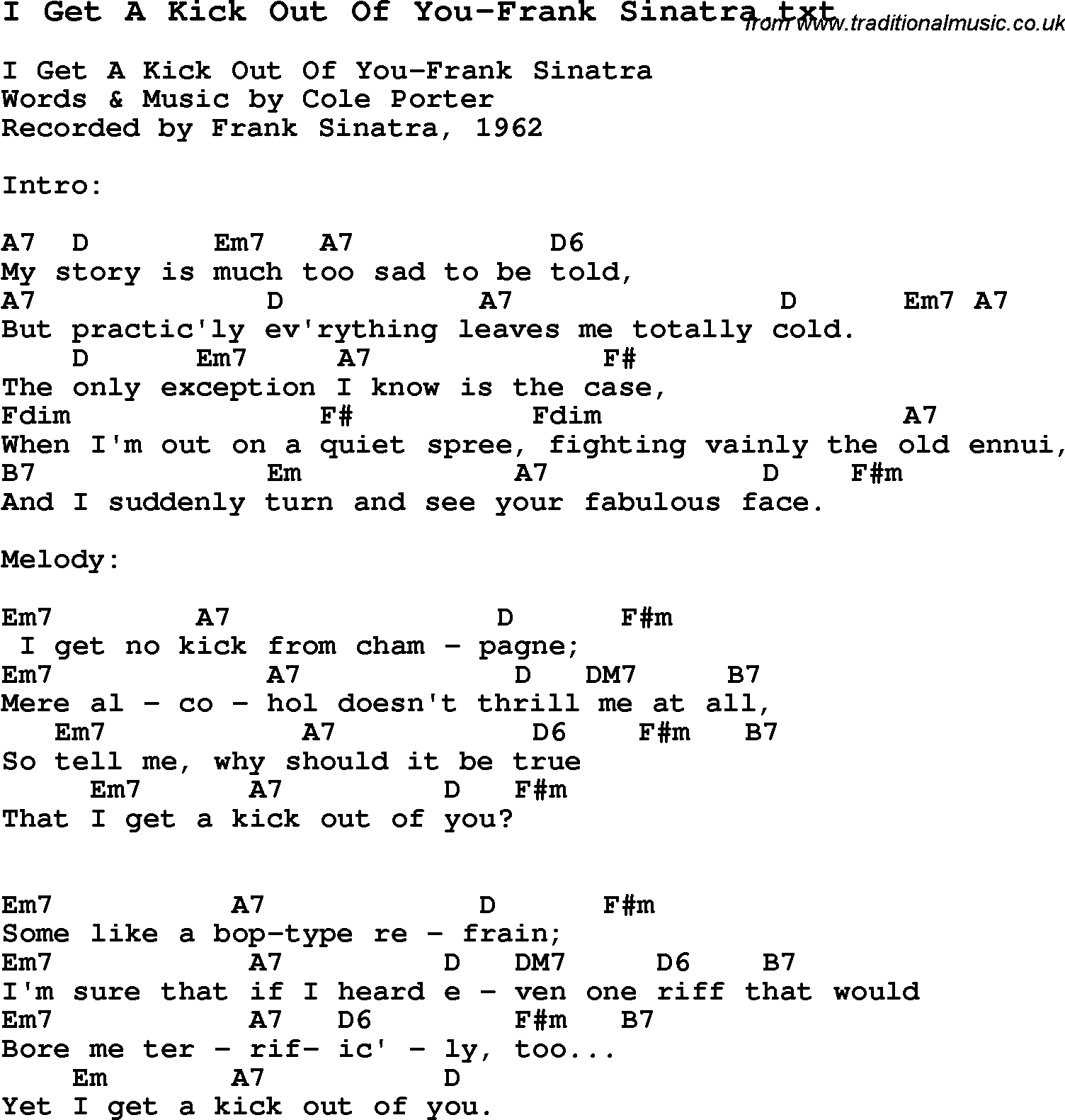 Jazz Song from top bands and vocal artists with chords, tabs and lyrics - I Get A Kick Out Of You-Frank Sinatra