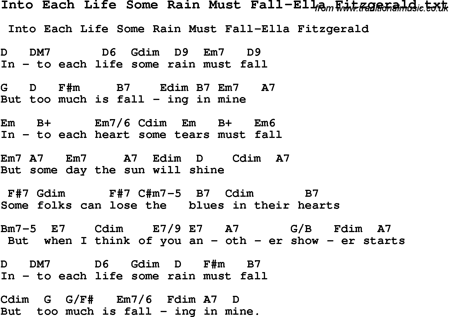 Jazz Song from top bands and vocal artists with chords, tabs and lyrics - Into Each Life Some Rain Must Fall-Ella Fitzgerald