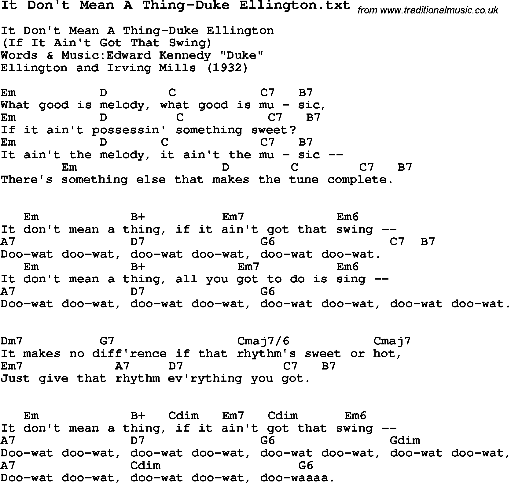 Jazz Song from top bands and vocal artists with chords, tabs and lyrics - It Don't Mean A Thing-Duke Ellington