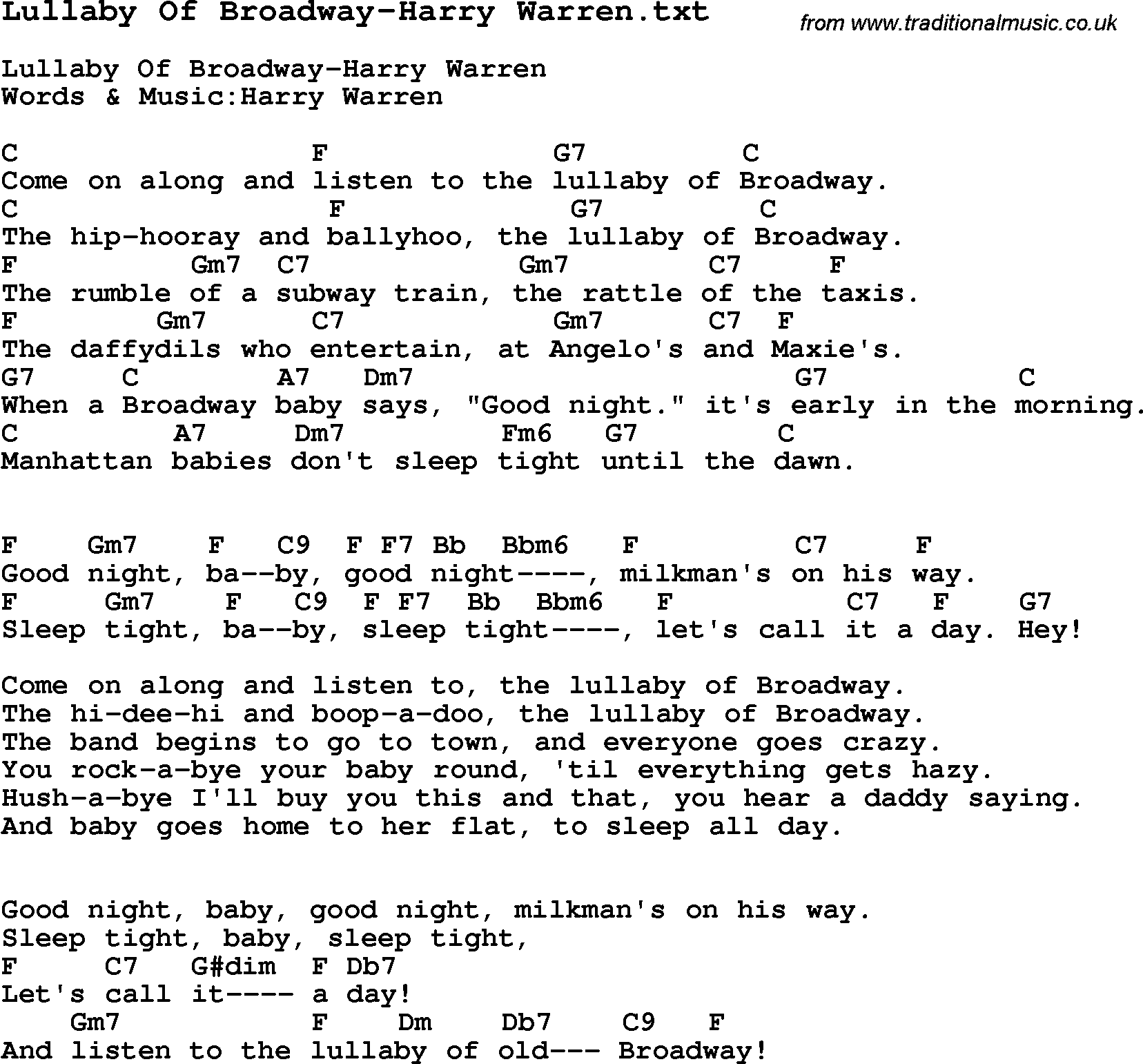 Jazz Song from top bands and vocal artists with chords, tabs and lyrics - Lullaby Of Broadway-Harry Warren