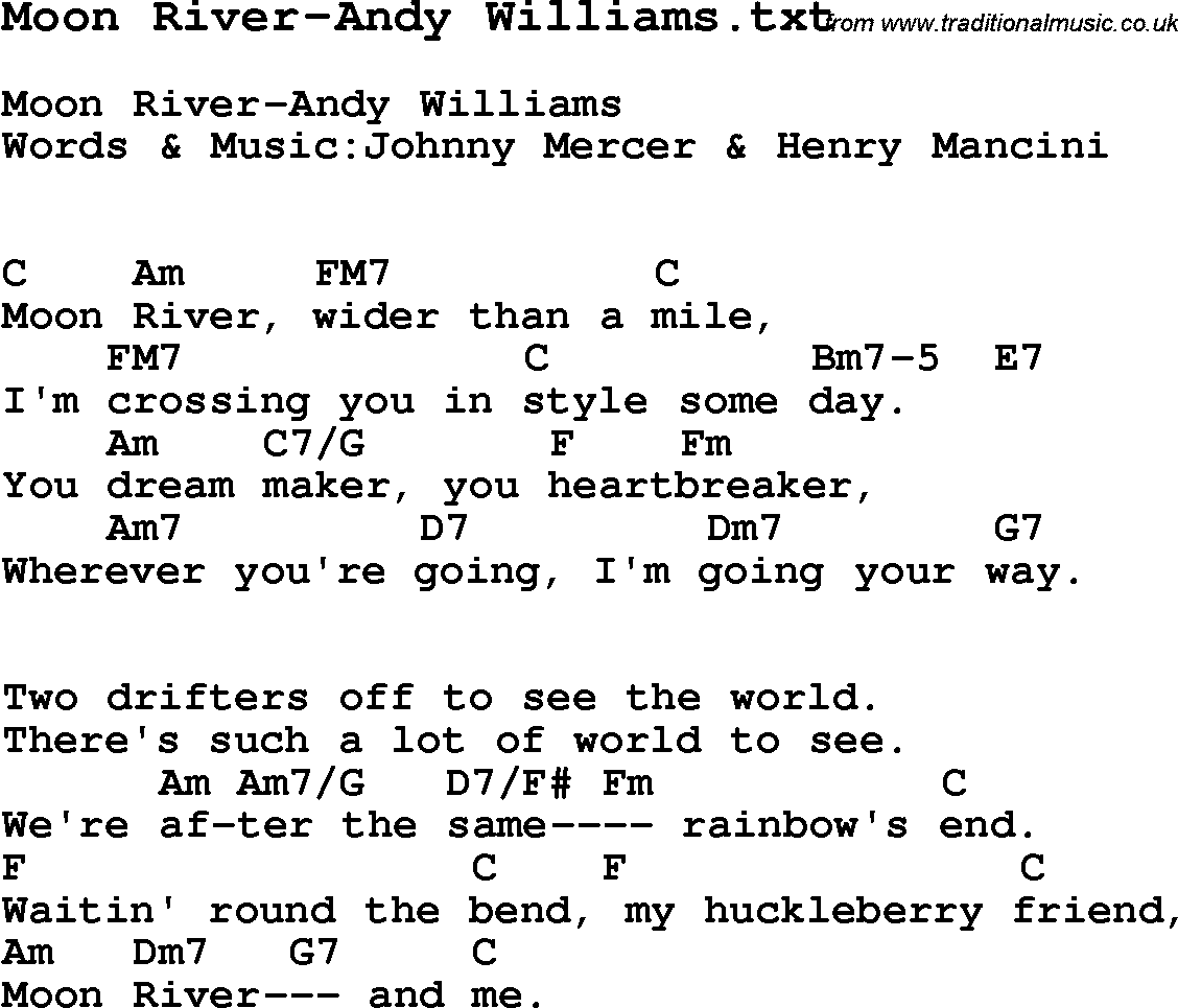 Jazz Song from top bands and vocal artists with chords, tabs and lyrics - Moon River-Andy Williams