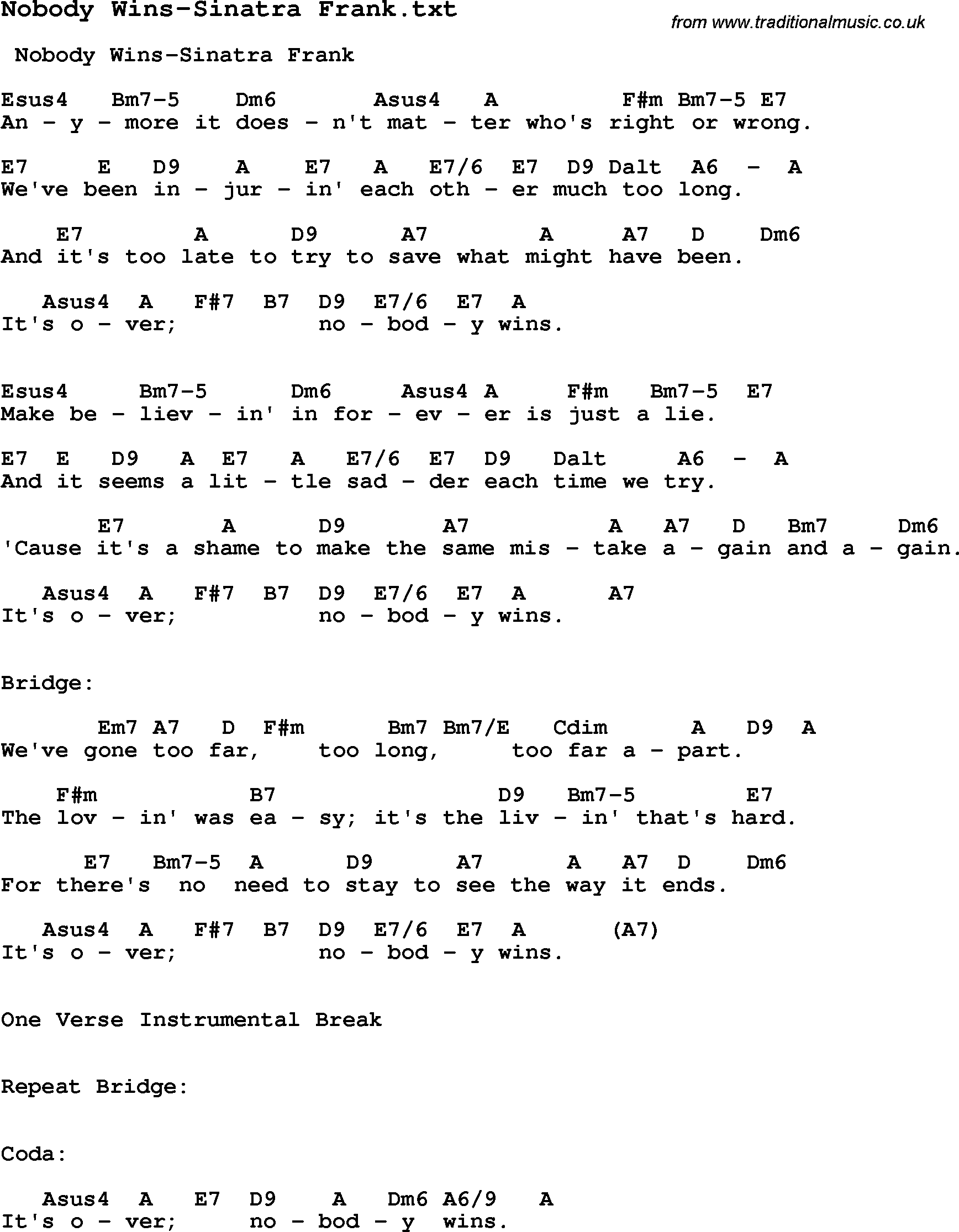 Jazz Song from top bands and vocal artists with chords, tabs and lyrics - Nobody Wins-Sinatra Frank