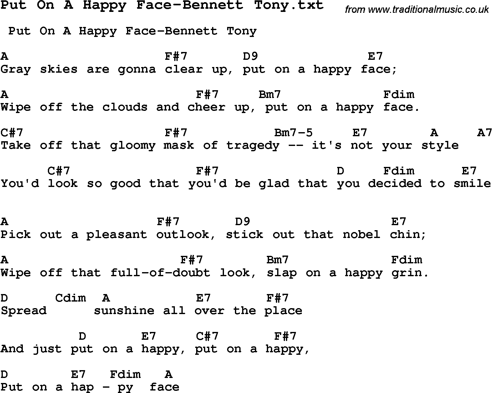 Jazz Song from top bands and vocal artists with chords, tabs and lyrics - Put On A Happy Face-Bennett Tony