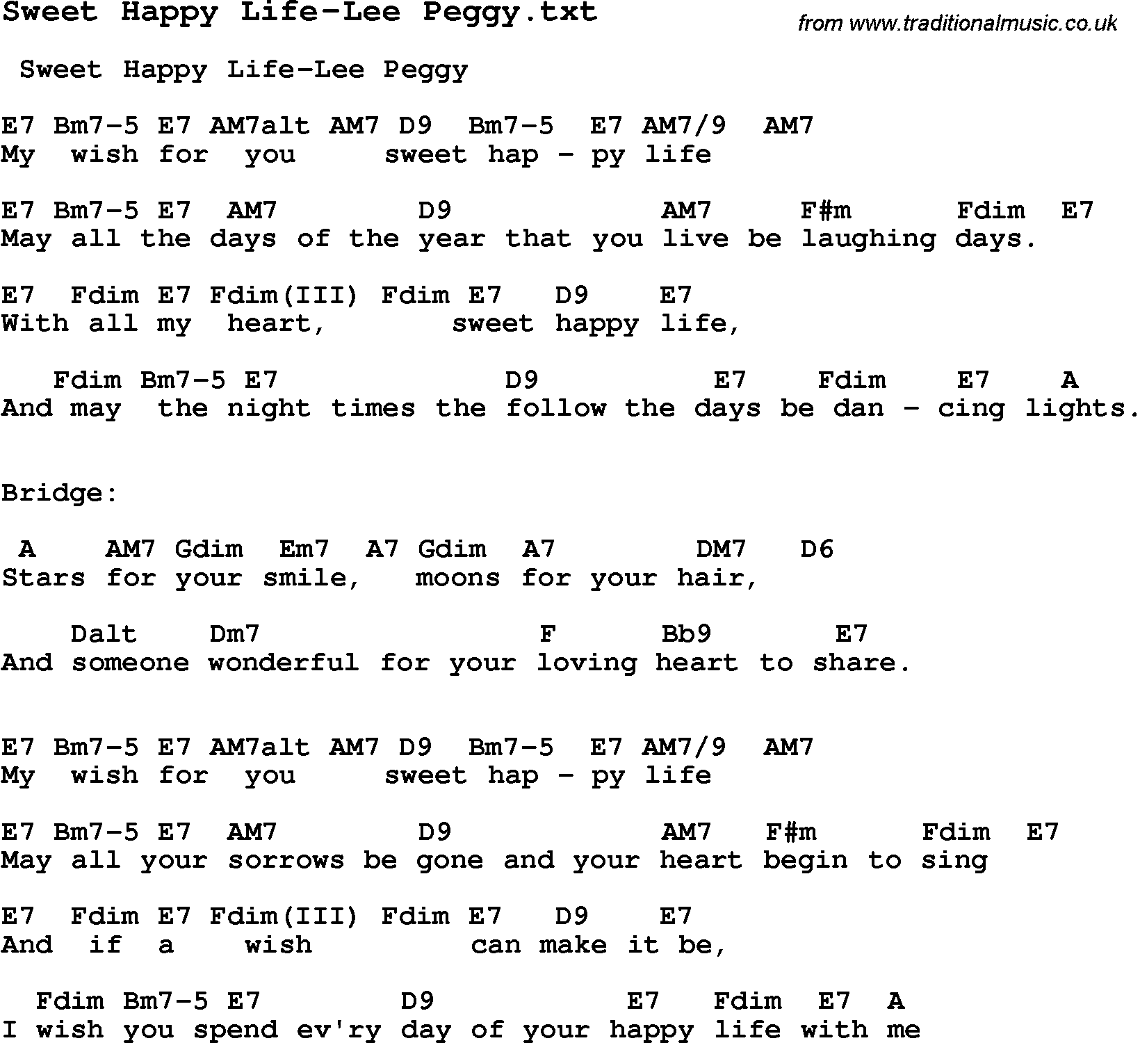 Jazz Song from top bands and vocal artists with chords, tabs and lyrics - Sweet Happy Life-Lee Peggy