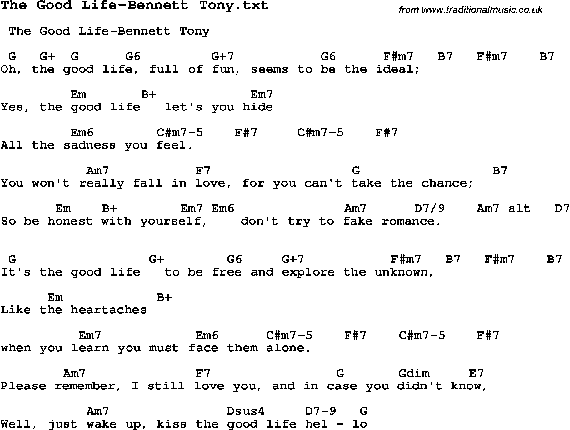 Jazz Song from top bands and vocal artists with chords, tabs and lyrics - The Good Life-Bennett Tony