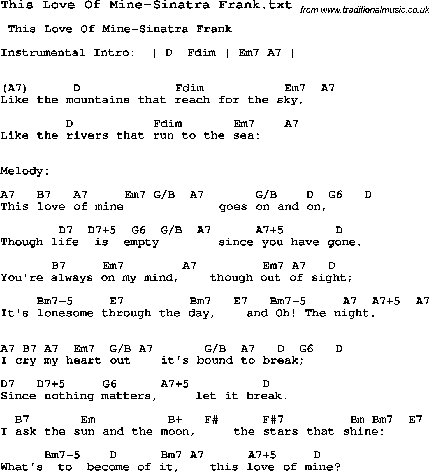 Jazz Song from top bands and vocal artists with chords, tabs and lyrics - This Love Of Mine-Sinatra Frank