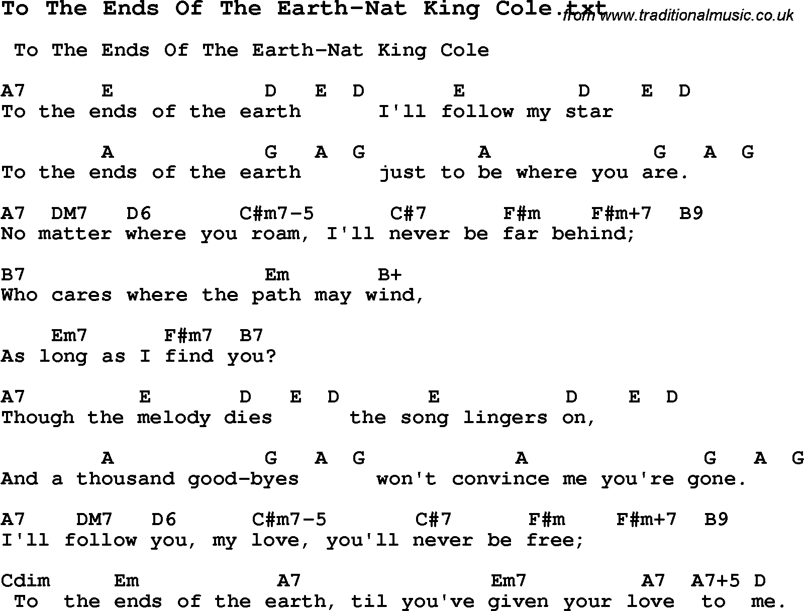 Jazz Song from top bands and vocal artists with chords, tabs and lyrics - To The Ends Of The Earth-Nat King Cole