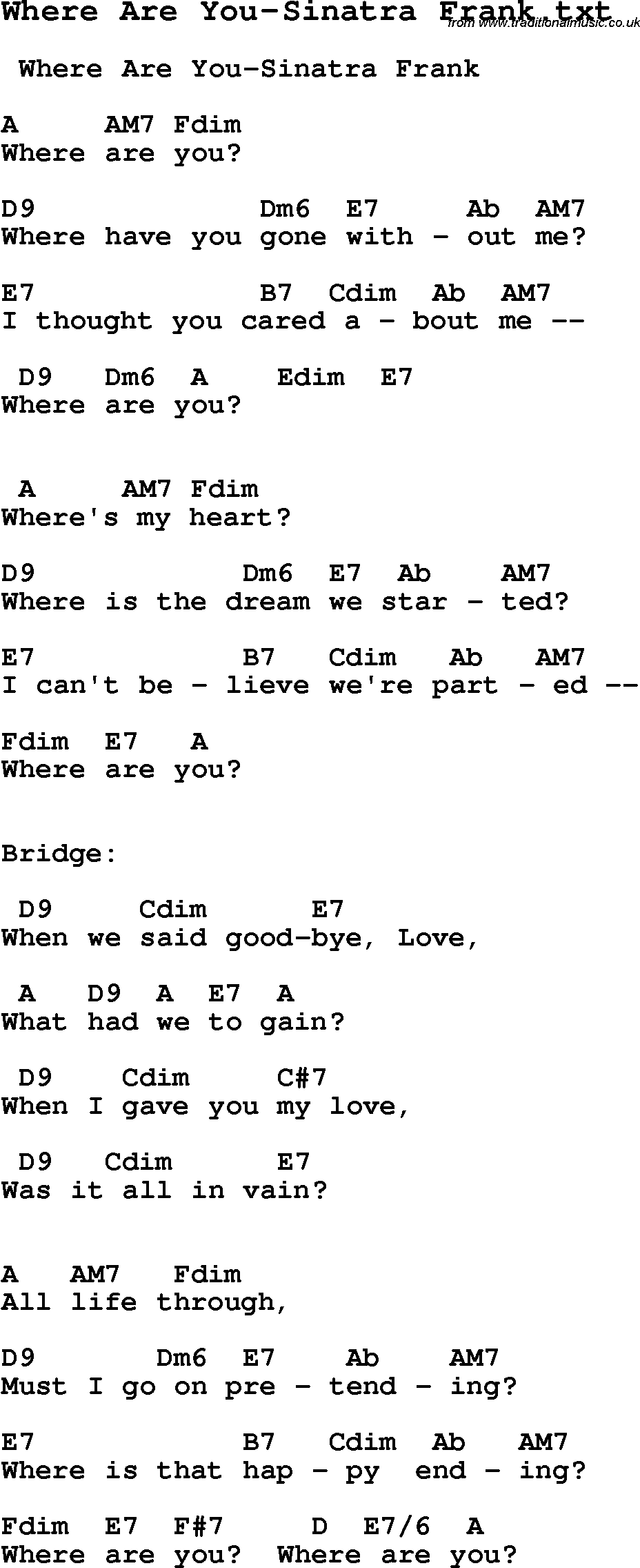 Jazz Song from top bands and vocal artists with chords, tabs and lyrics - Where Are You-Sinatra Frank