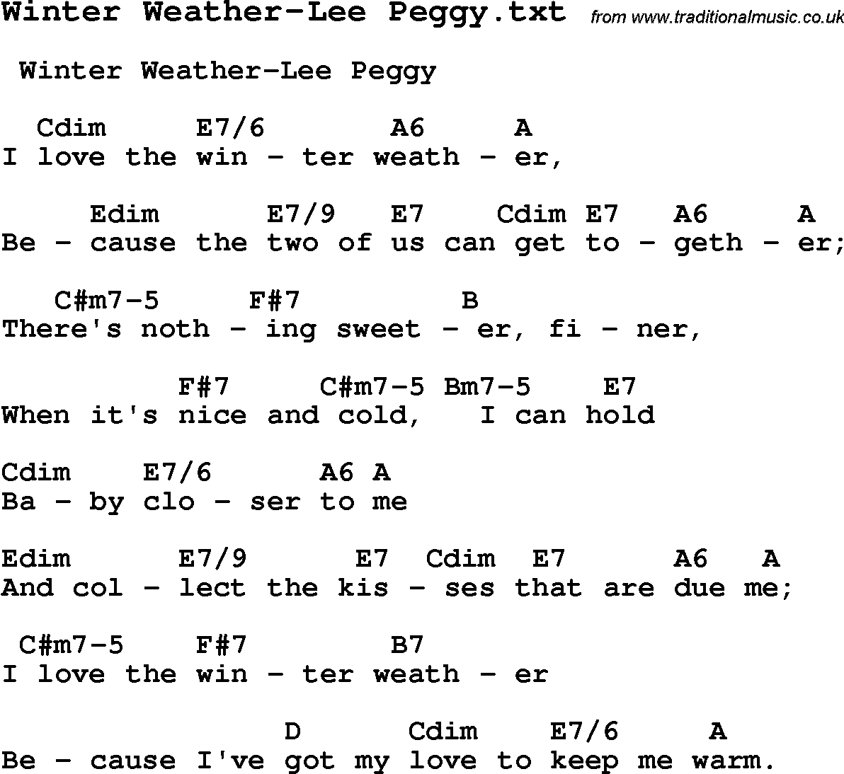 Jazz Song from top bands and vocal artists with chords, tabs and lyrics - Winter Weather-Lee Peggy