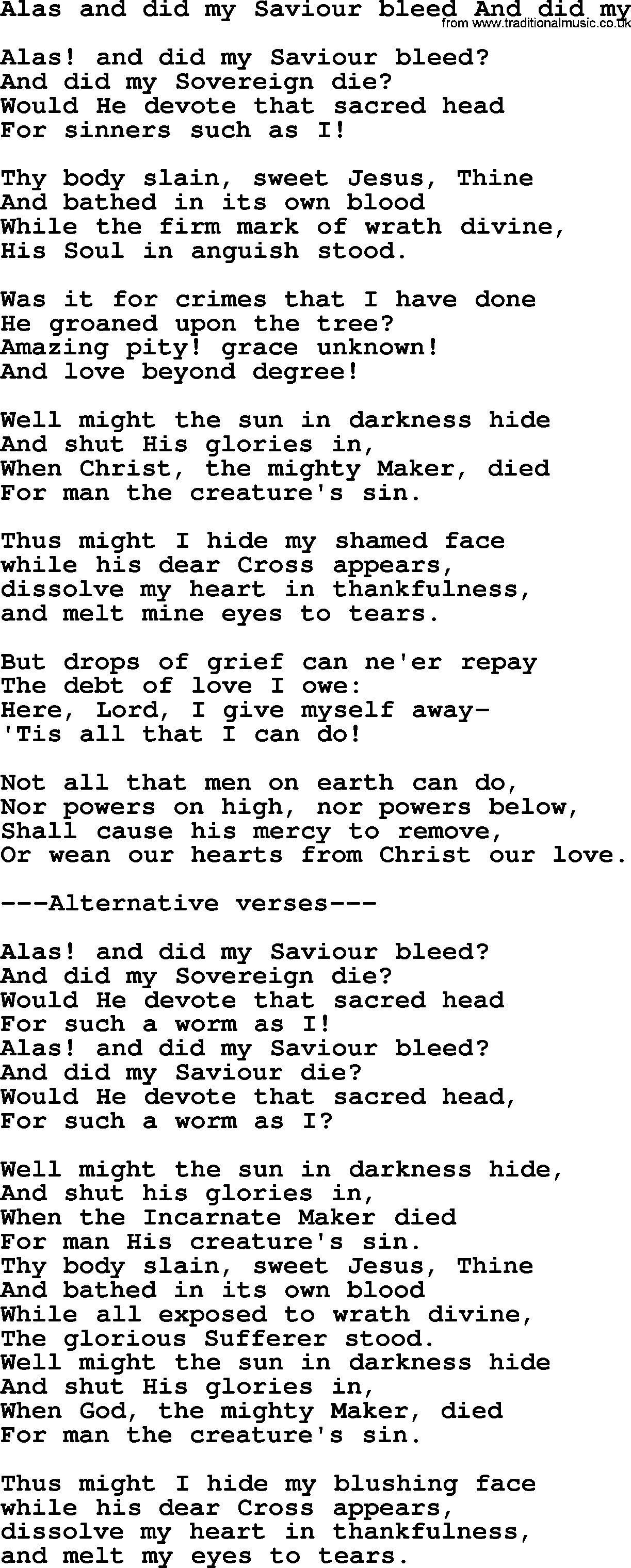 Hymns from the Psalms, Hymn: Alas And Did My Saviour Bleed, lyrics with PDF