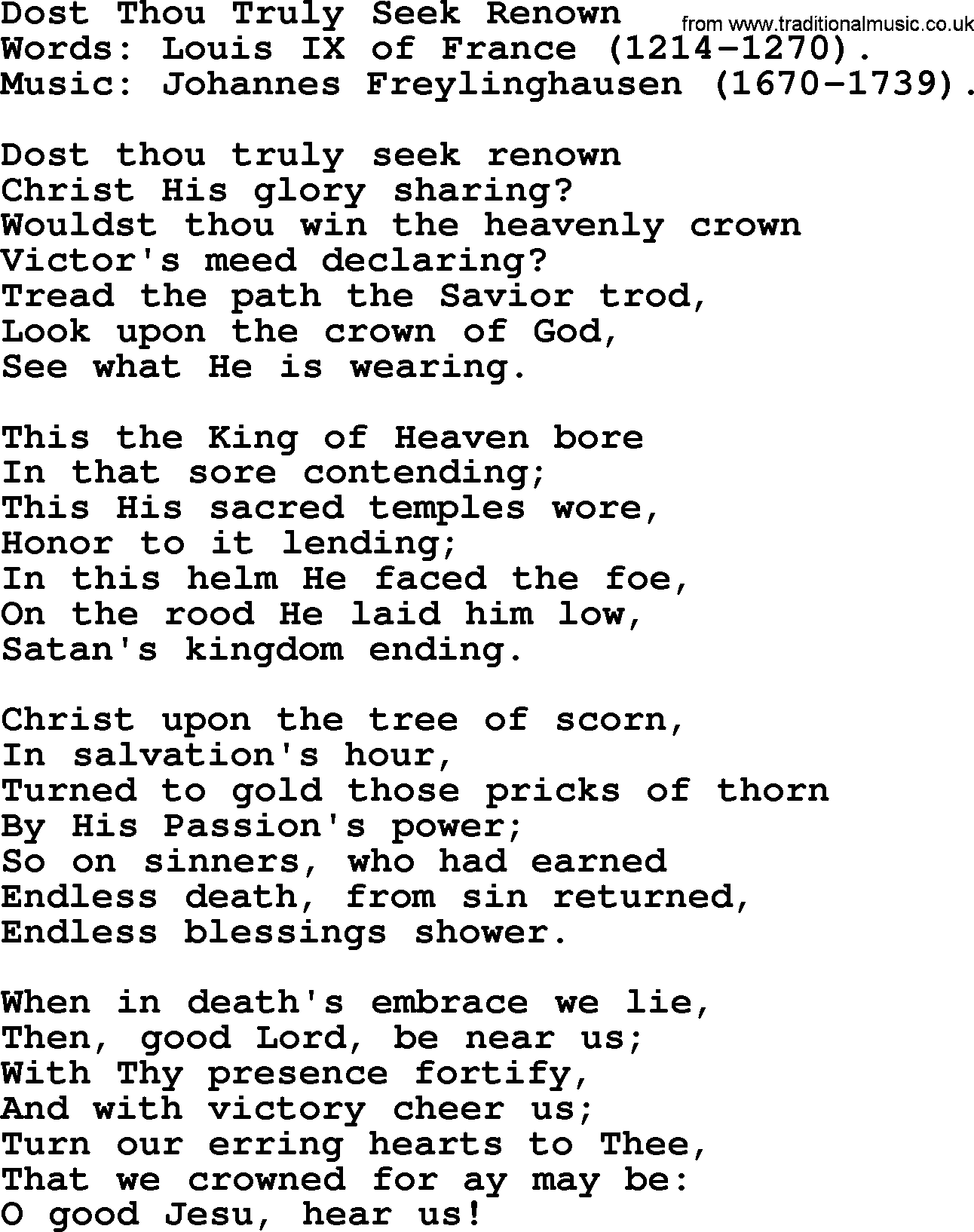 Hymns from the Psalms, Hymn: Dost Thou Truly Seek Renown, lyrics with PDF
