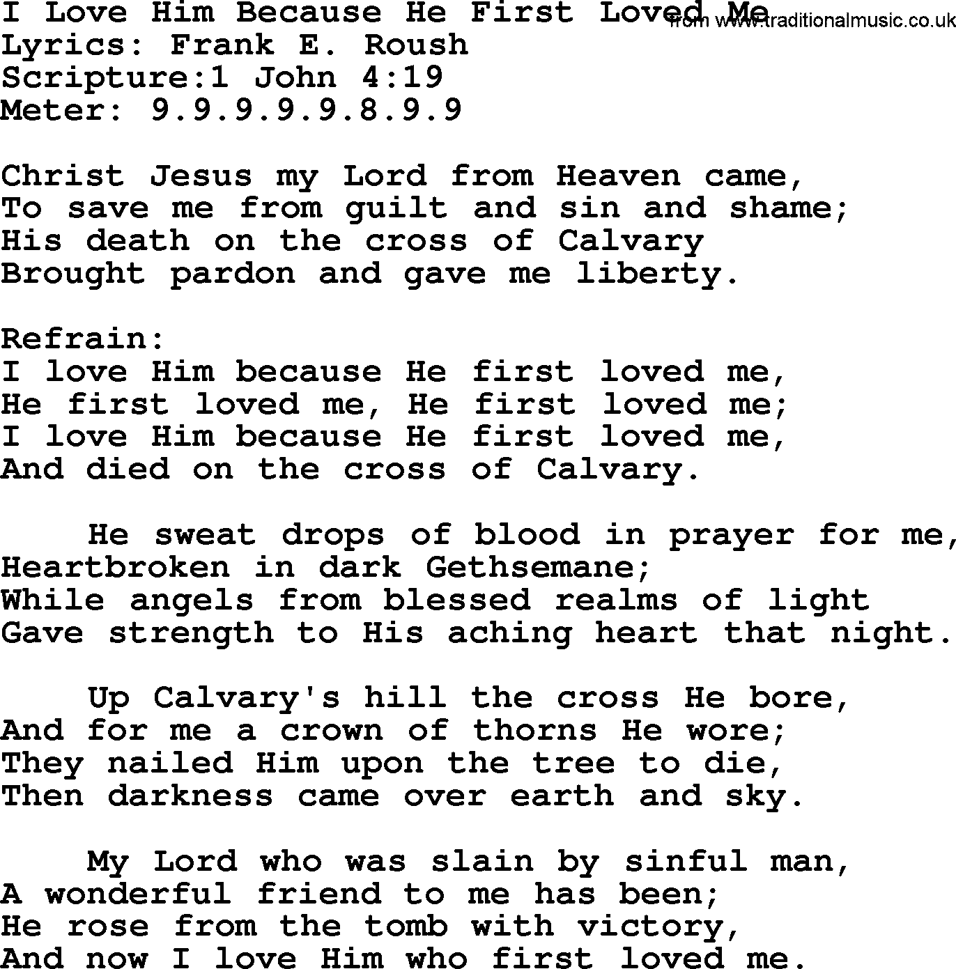 Hymns from the Psalms, Hymn: I Love Him Because He First Loved Me, lyrics with PDF
