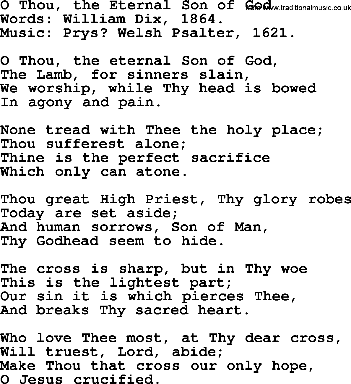 Hymns from the Psalms, Hymn: O Thou, The Eternal Son Of God, lyrics with PDF