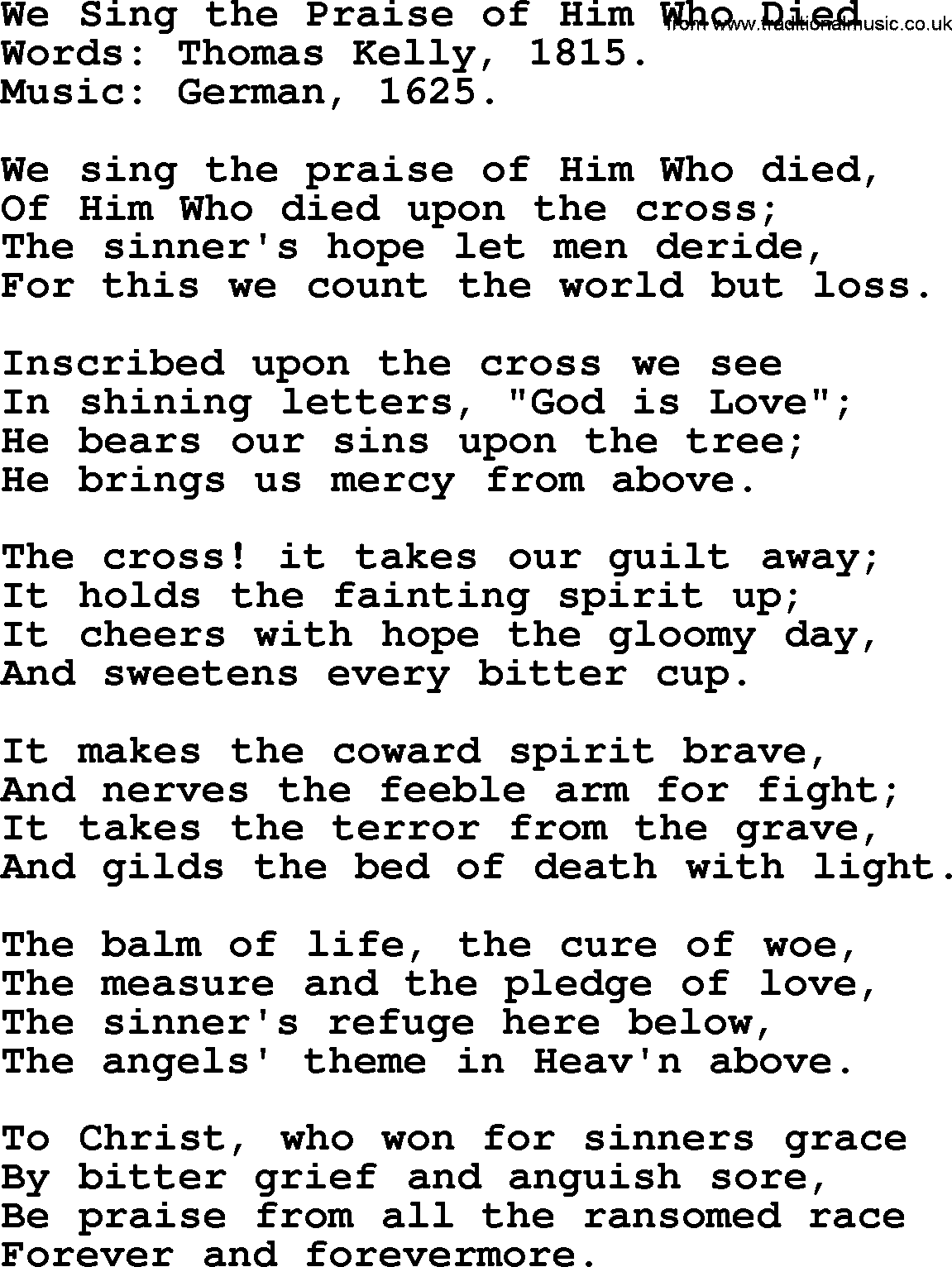 Hymns from the Psalms, Hymn: We Sing The Praise Of Him Who Died, lyrics with PDF