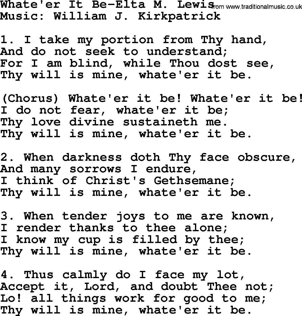 Hymns from the Psalms, Hymn: Whate'er It Be-Elta M. Lewis, lyrics with PDF
