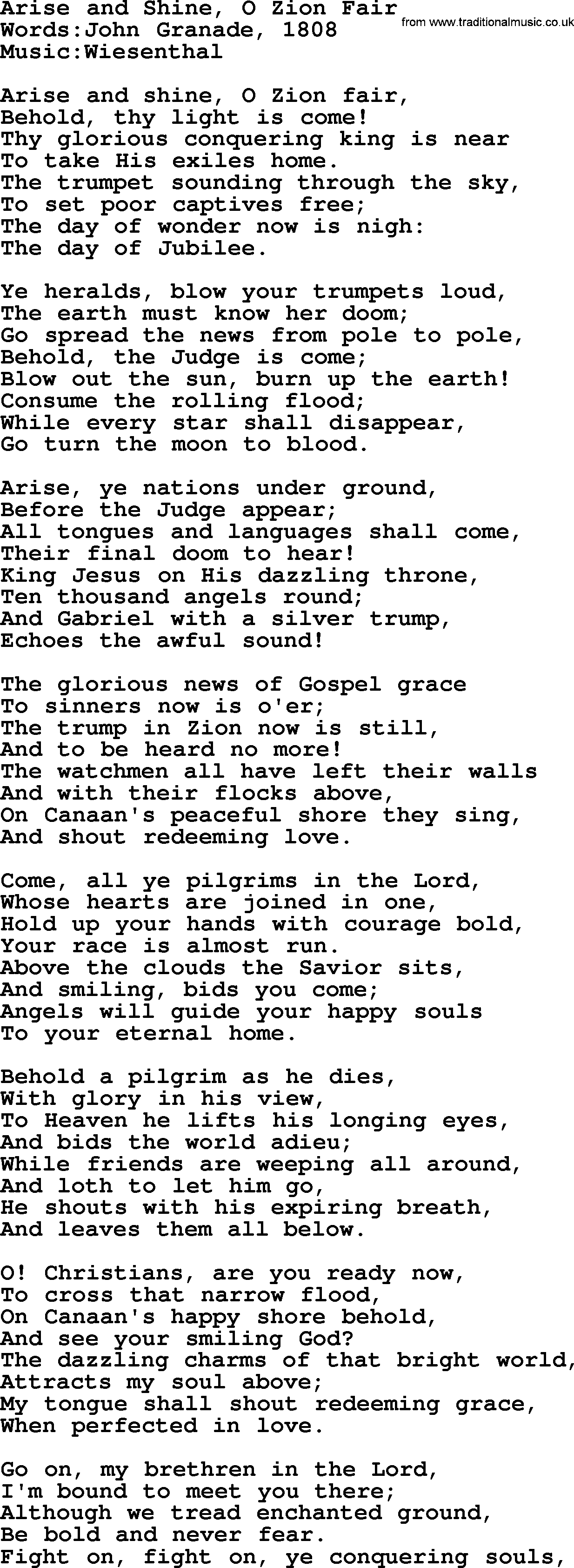 Christian hymns and songs about Jesus' Return(The Second Coming): Arise And Shine, O Zion Fair, lyrics with PDF