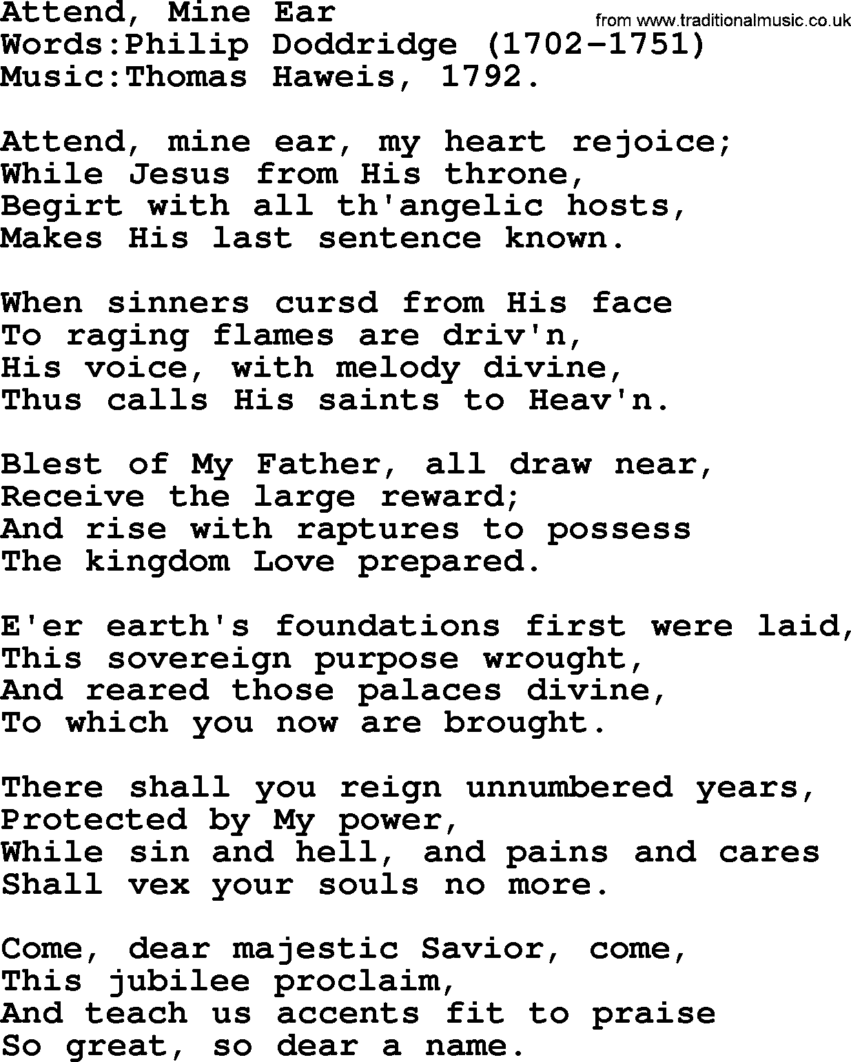 Christian hymns and songs about Jesus' Return(The Second Coming): Attend, Mine Ear, lyrics with PDF