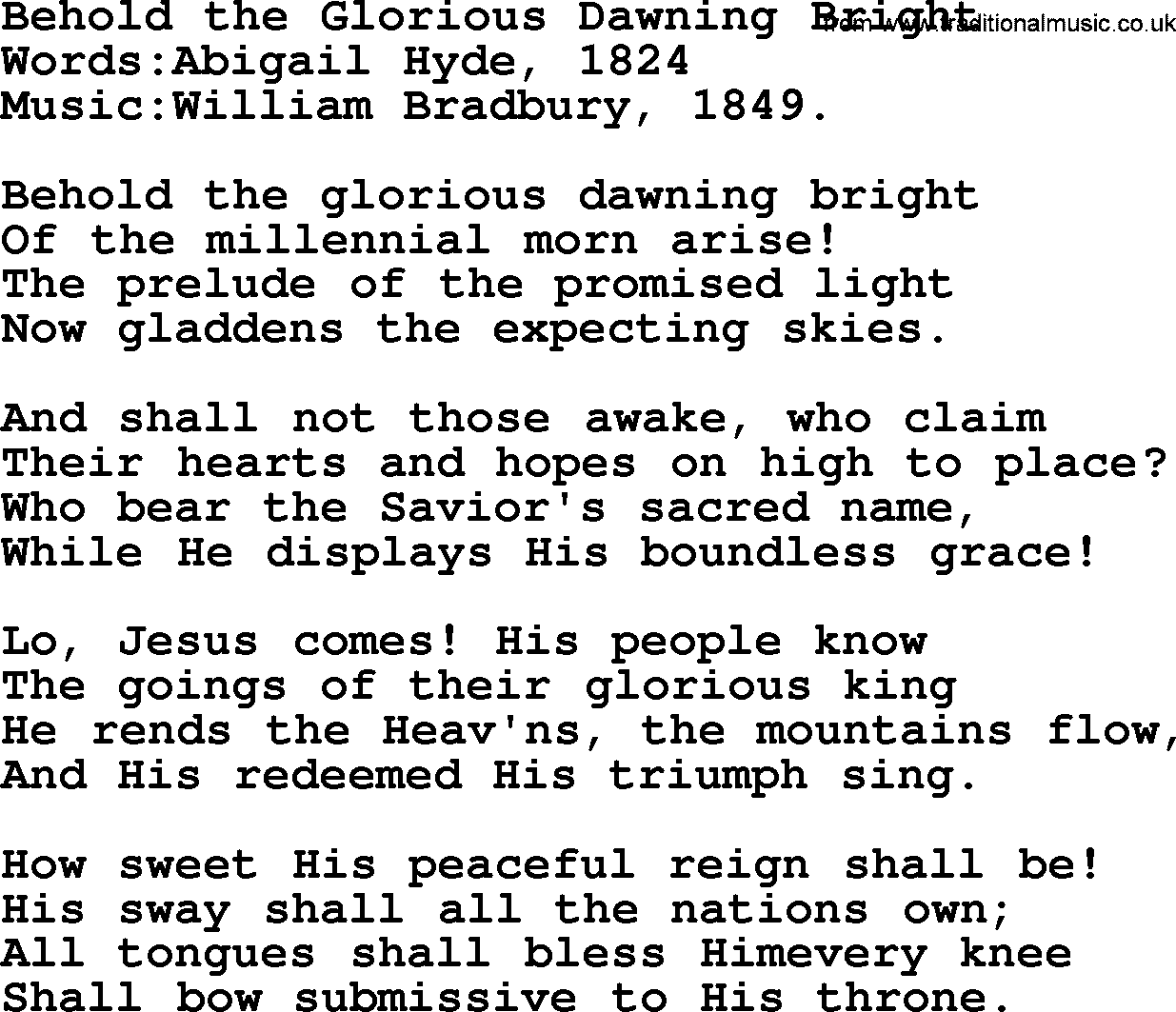Christian hymns and songs about Jesus' Return(The Second Coming): Behold The Glorious Dawning Bright, lyrics with PDF
