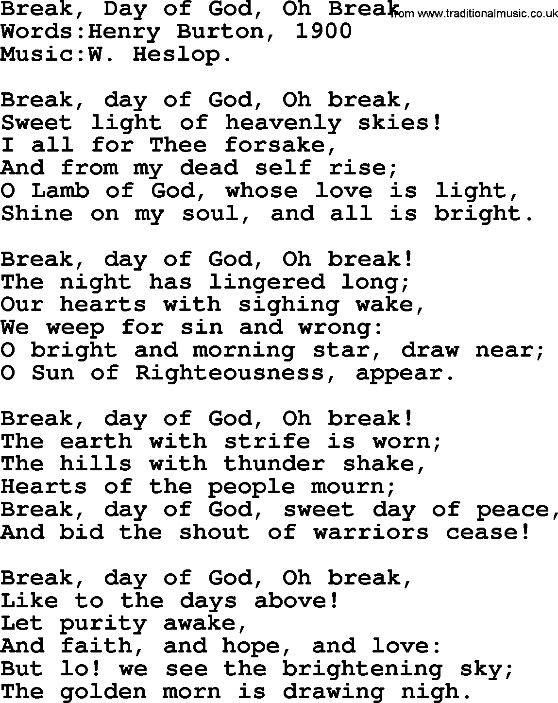 Christian hymns and songs about Jesus' Return(The Second Coming): Break, Day Of God, Oh Break, lyrics with PDF
