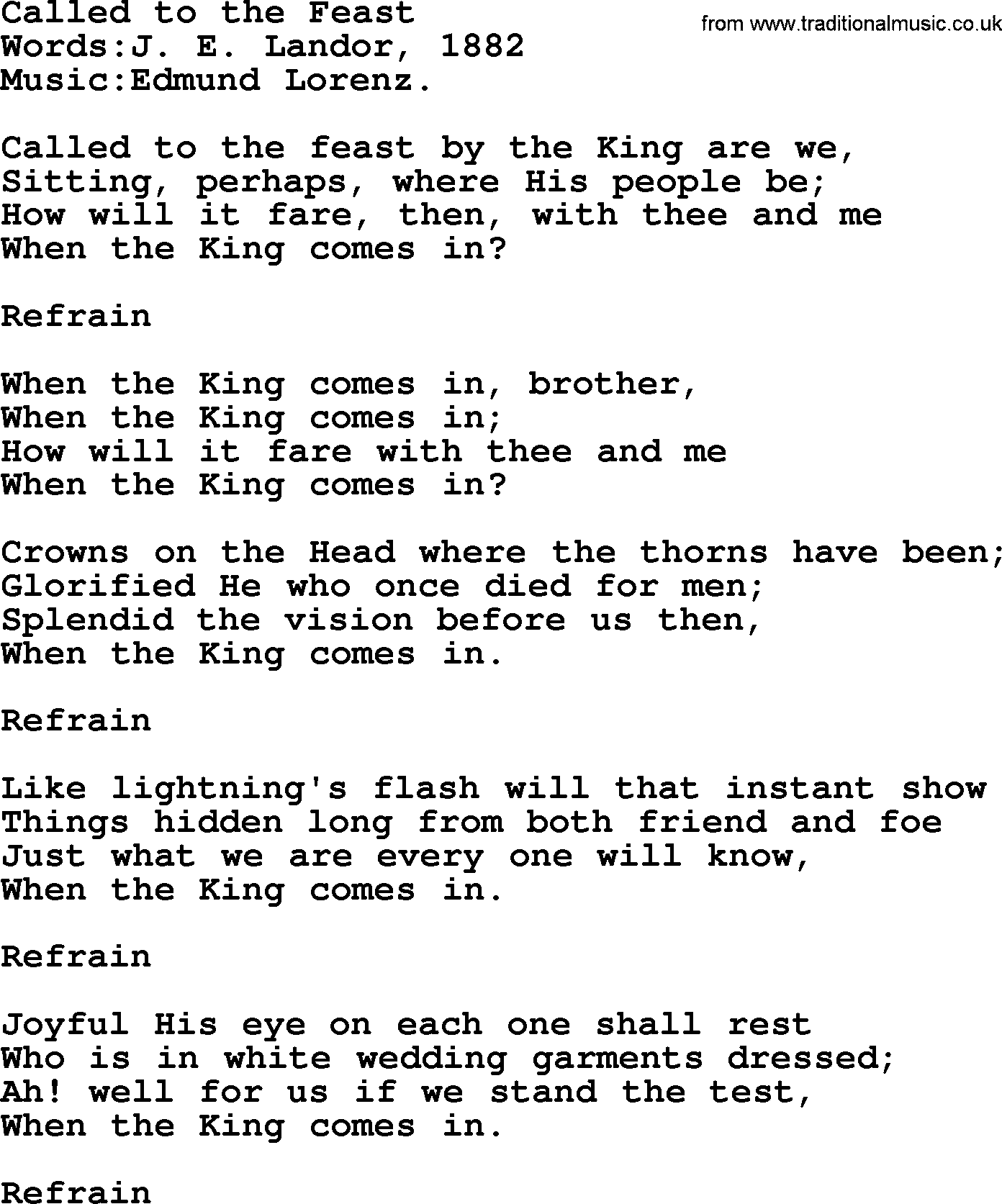 Christian hymns and songs about Jesus' Return(The Second Coming): Called To The Feast, lyrics with PDF